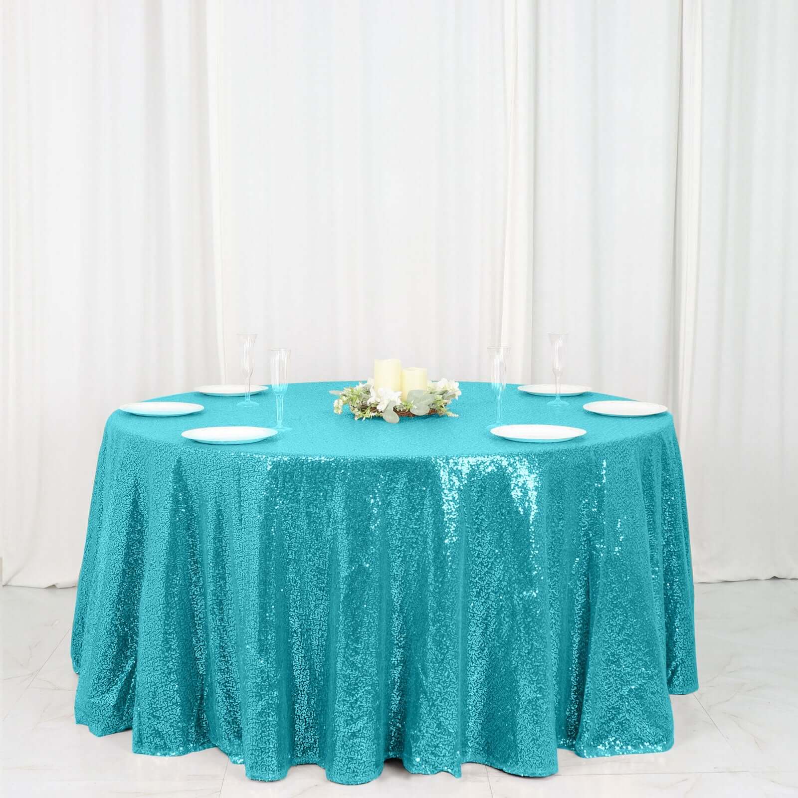 Sequin 120" Round Tablecloth Turquoise - Seamless Glittering Table Cover