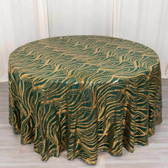 Sequin Mesh 120" Round Tablecloth Hunter Emerald Green/Gold - Seamless Wave Embroidered Table Cover