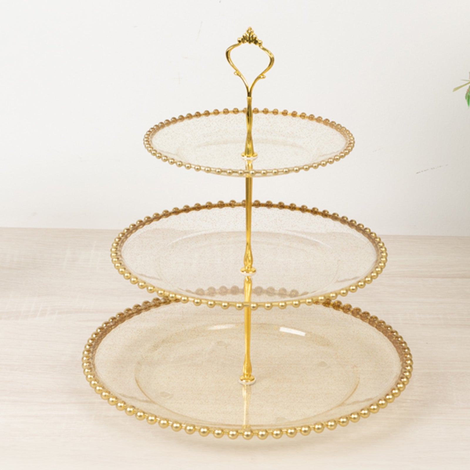 14" Clear Gold Glittered 3-Tier Plastic Dessert Display Stand With Gold Beaded Rim, Round Cupcake Tower Tea Party Serving Platter With Top Handle
