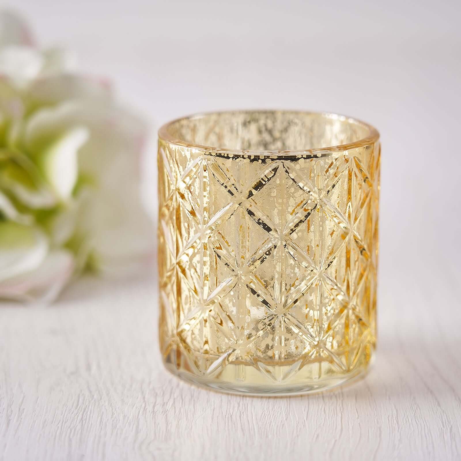6-Pack Mercury Glass Candle Holders Shiny Gold with Geometric Design - Votive Tealight Holders 3"