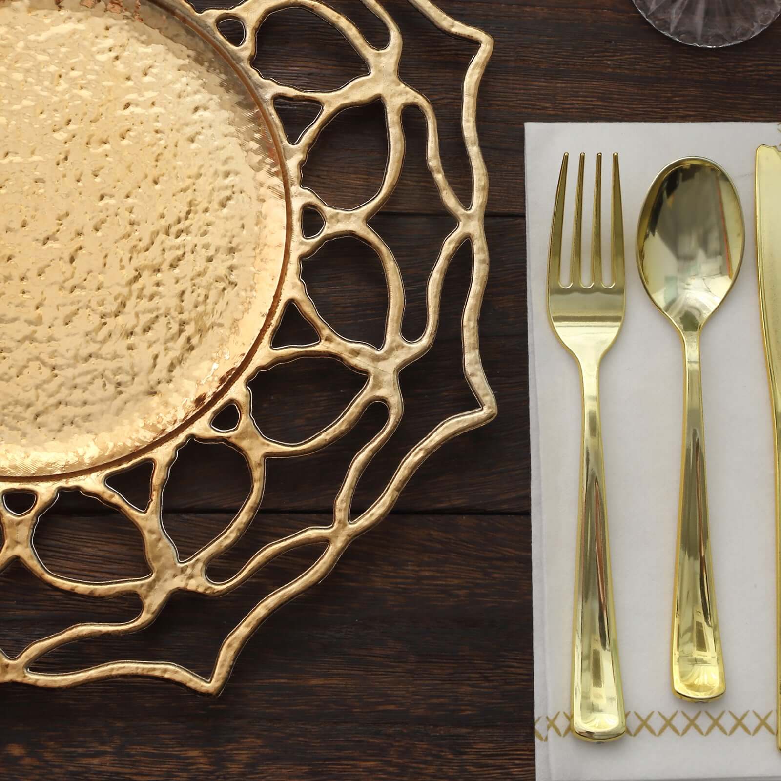 6-Pack Acrylic Round Charger Plates 13" in Gold with Floral Cutout Design, Hollow Flower Plastic Decorative Dinner Party Charger Tableware