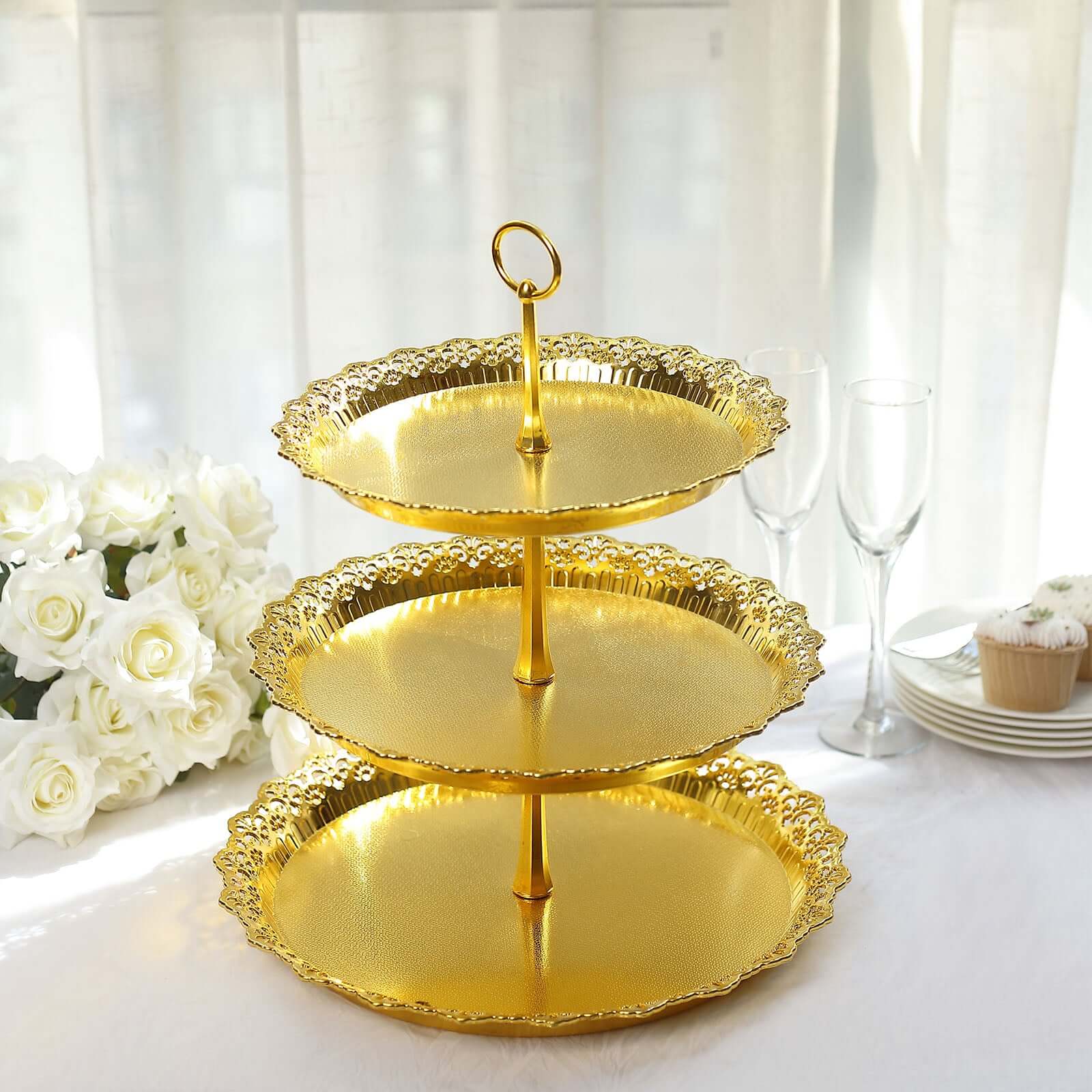 3-Tier Plastic Round Cupcake Stand 15" Metallic Gold with Lace Scalloped Edges