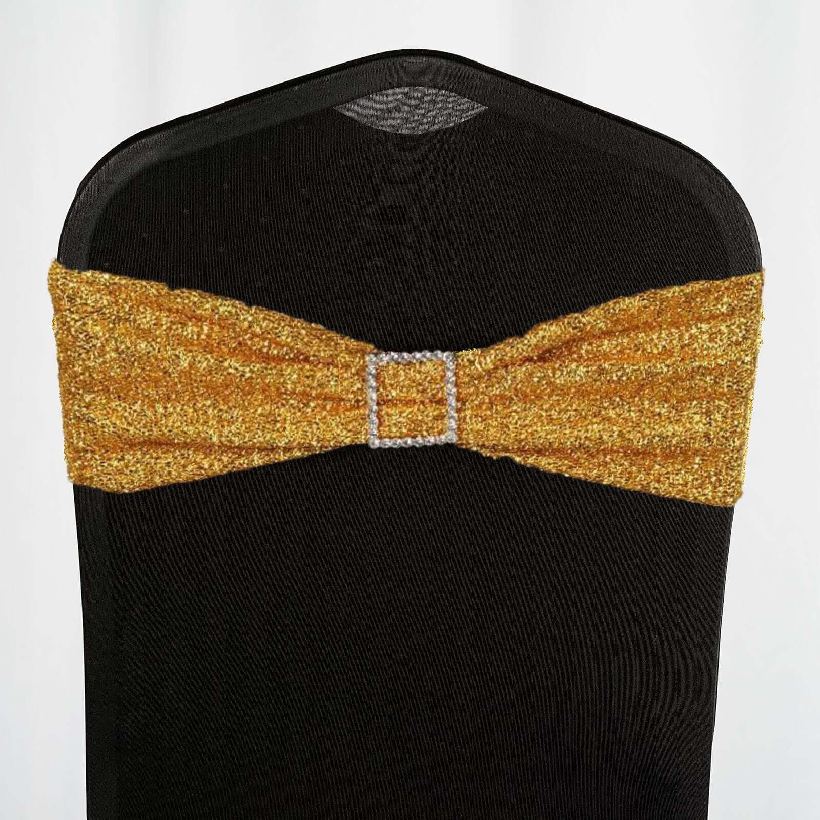 5 Pack Metallic Shimmer Tinsel Spandex Chair Sashes Gold - Durable and Reusable Stretch Chair Bands for Dazzling Event & Party Decor