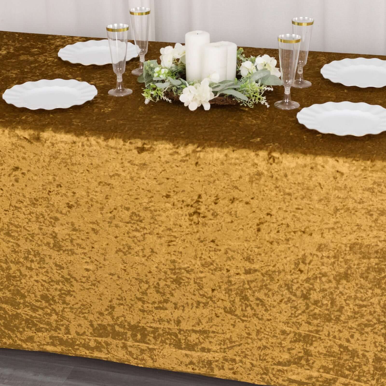 Crushed Velvet Fitted Rectangular 6ft Table Cover Gold - Wrinkle-Free Stretchy Tablecloth