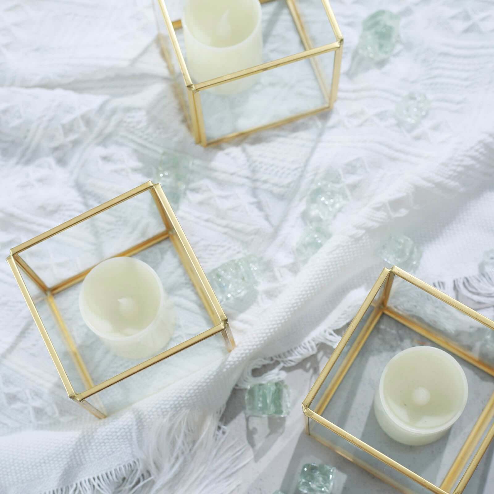 3-Pack Glass Tealight Votive Candle Holders Square Cube Design Clear with Gold Metal Frame - Stackable 3"