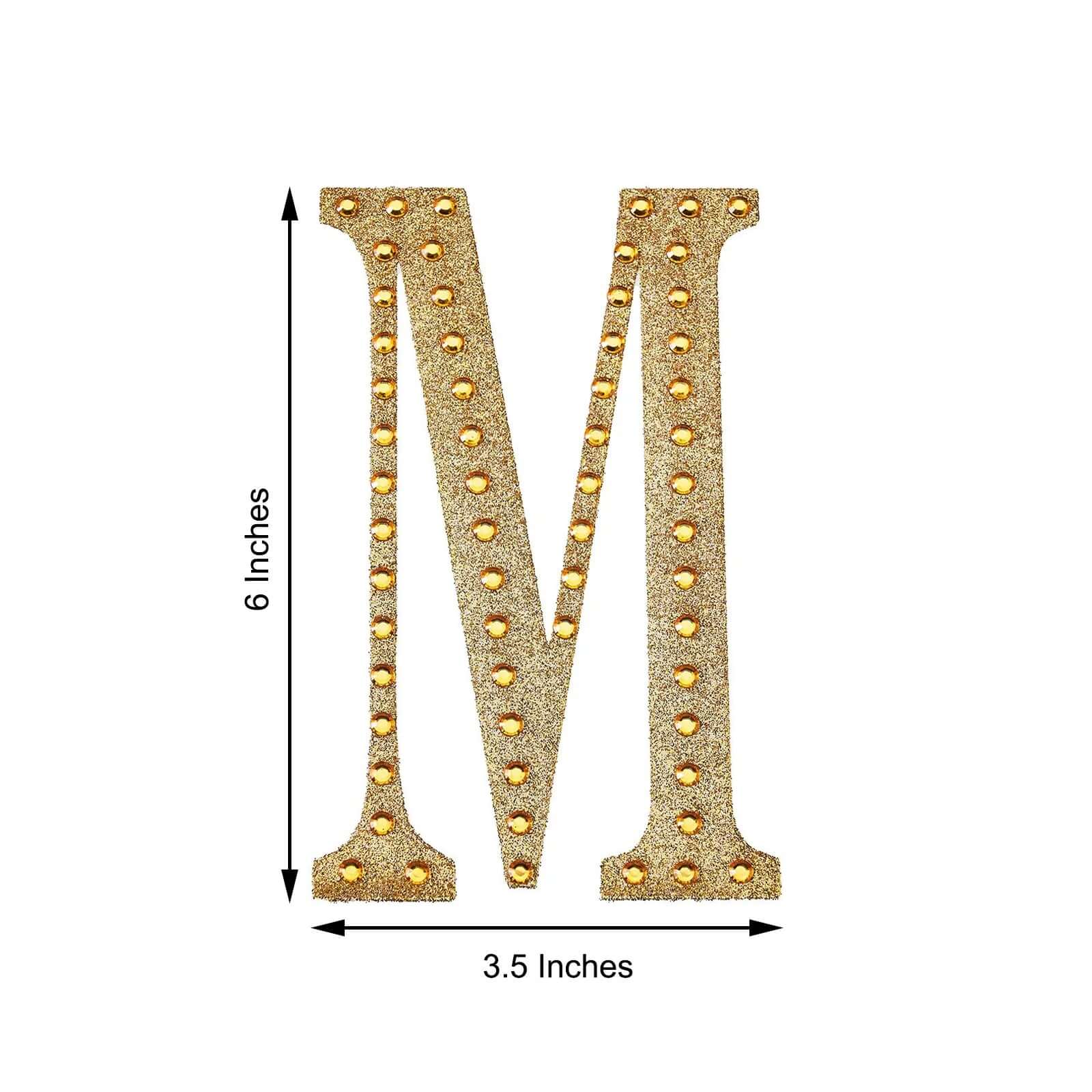 Decorative Rhinestone Alphabet "M" Letter Stickers, Glitter Adhesive Craft Letters Gold DIY Sparkle Embellishments 6"