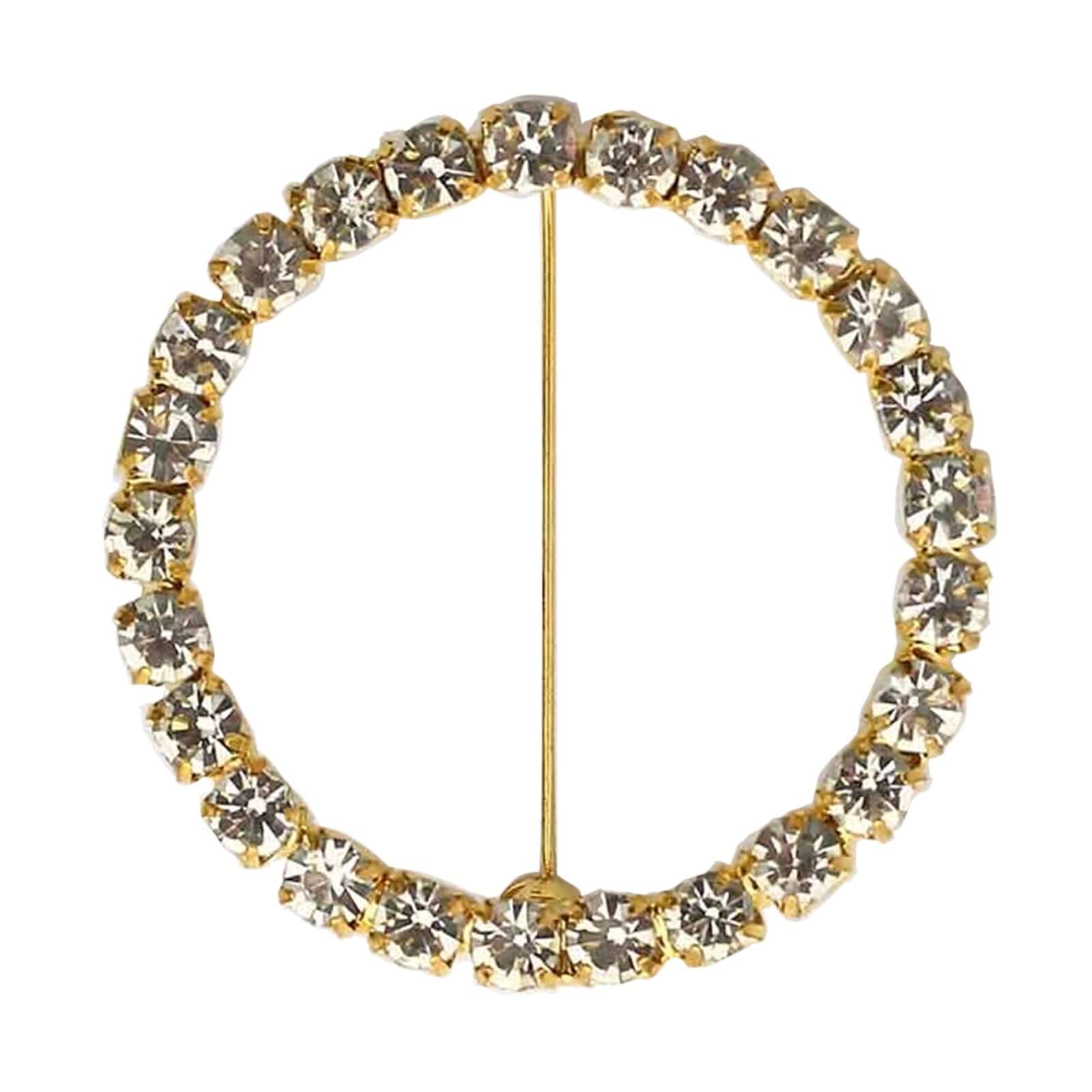 Rhinestone Chair Sash Band Buckle Gold 2" Circle Metal - Glittering Diamond Bow Pin for Chair Sashes & Wedding Decor