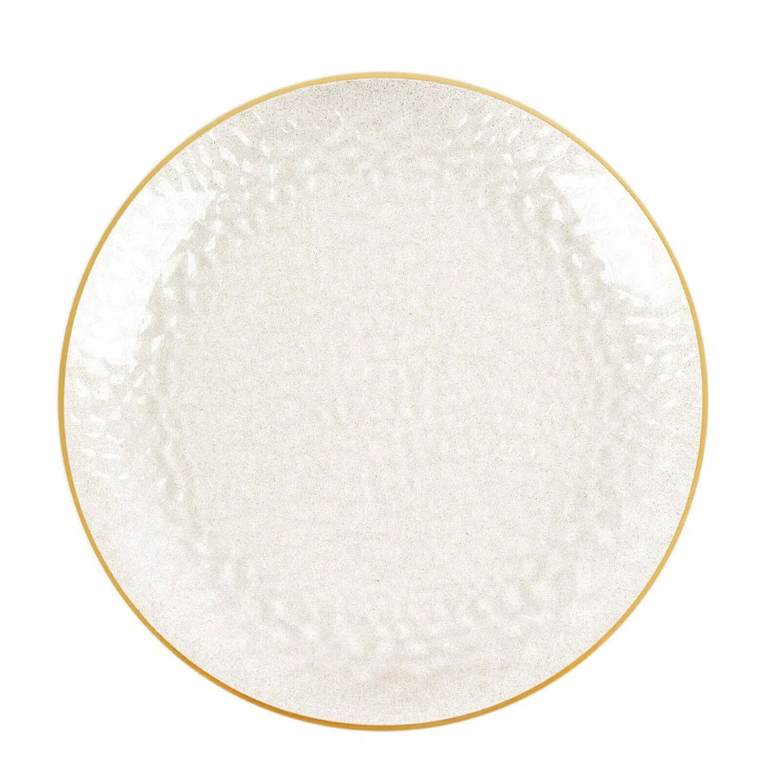 10-Pack Economy Plastic Round Charger Plates 13" in Clear Hammered Design with Glittered Gold Rim - Decorative Dinner Party Serving Plates