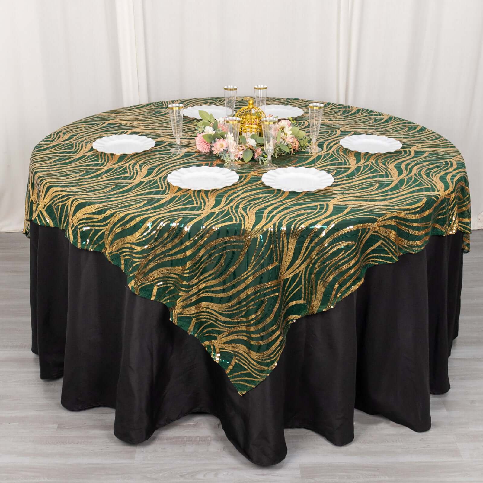 Mesh 72"x72" Table Overlay Square Tablecloth Hunter Emerald Green - Wave Embroidered Sequins Table Topper