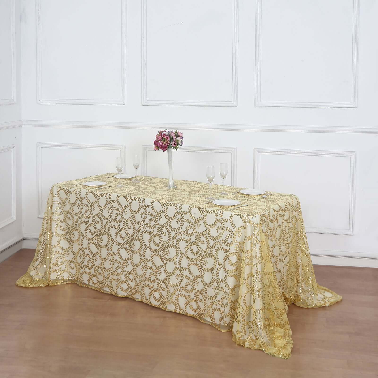 Tulle 90"x156" Rectangle Tablecloth Gold - Sequin Leaf Embroidered Design for Luxe Celebrations