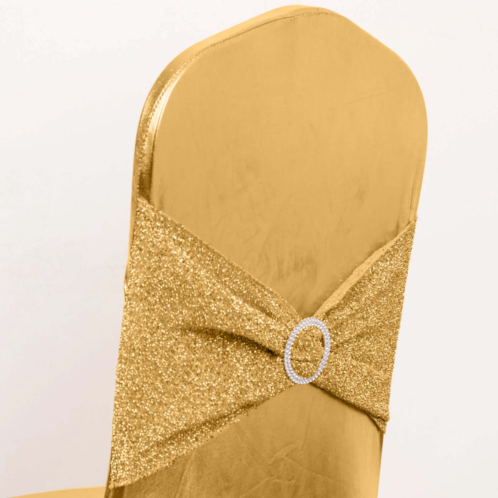 Spandex Banquet Chair Cover Metallic Gold Tinsel with Sash and Rhinestone Buckle - Luxe Shimmering Fitted Slipcover for Events
