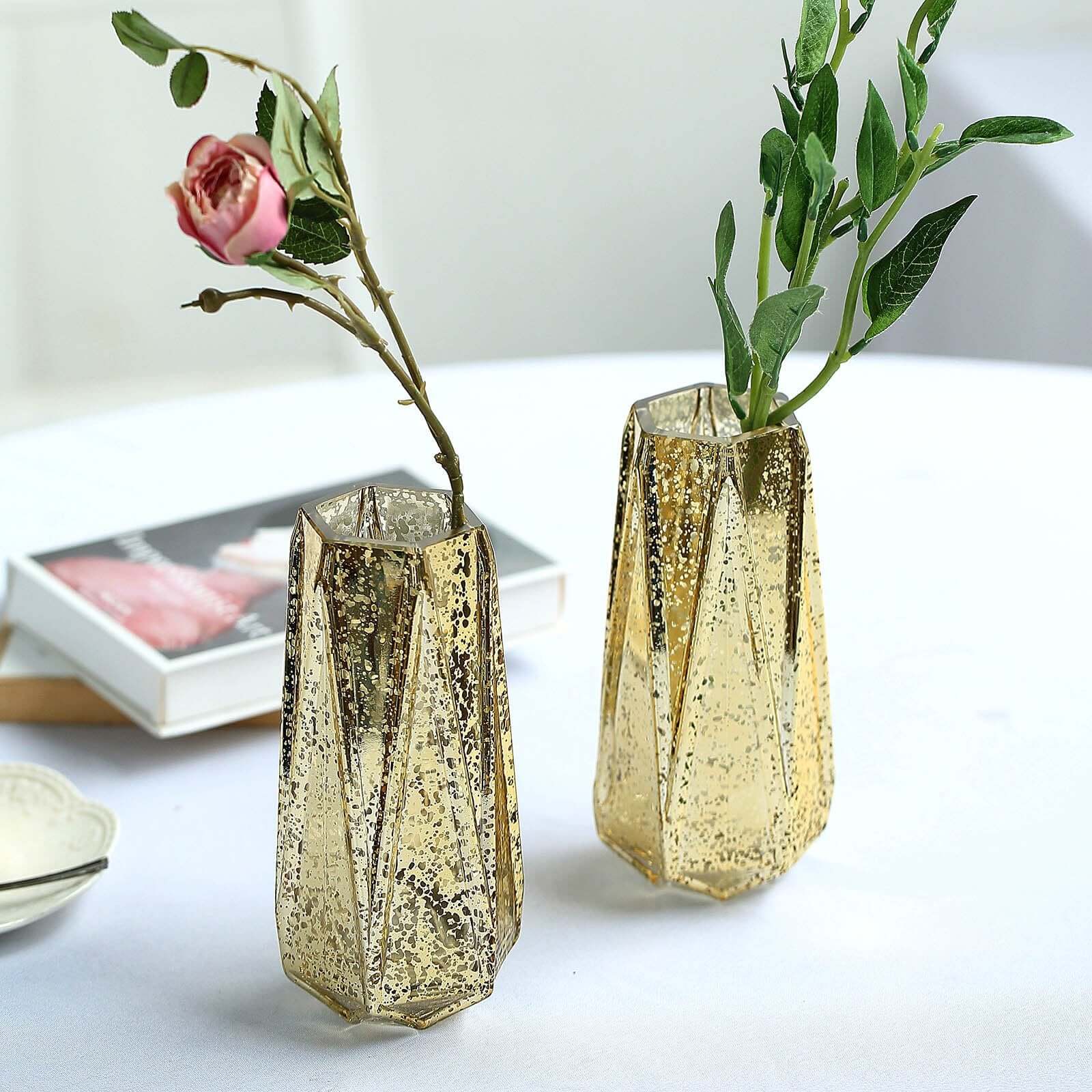 2-Pack Mercury Glass Vases Geometric Design Gold - Stylish Wedding Floral Centerpieces 8"