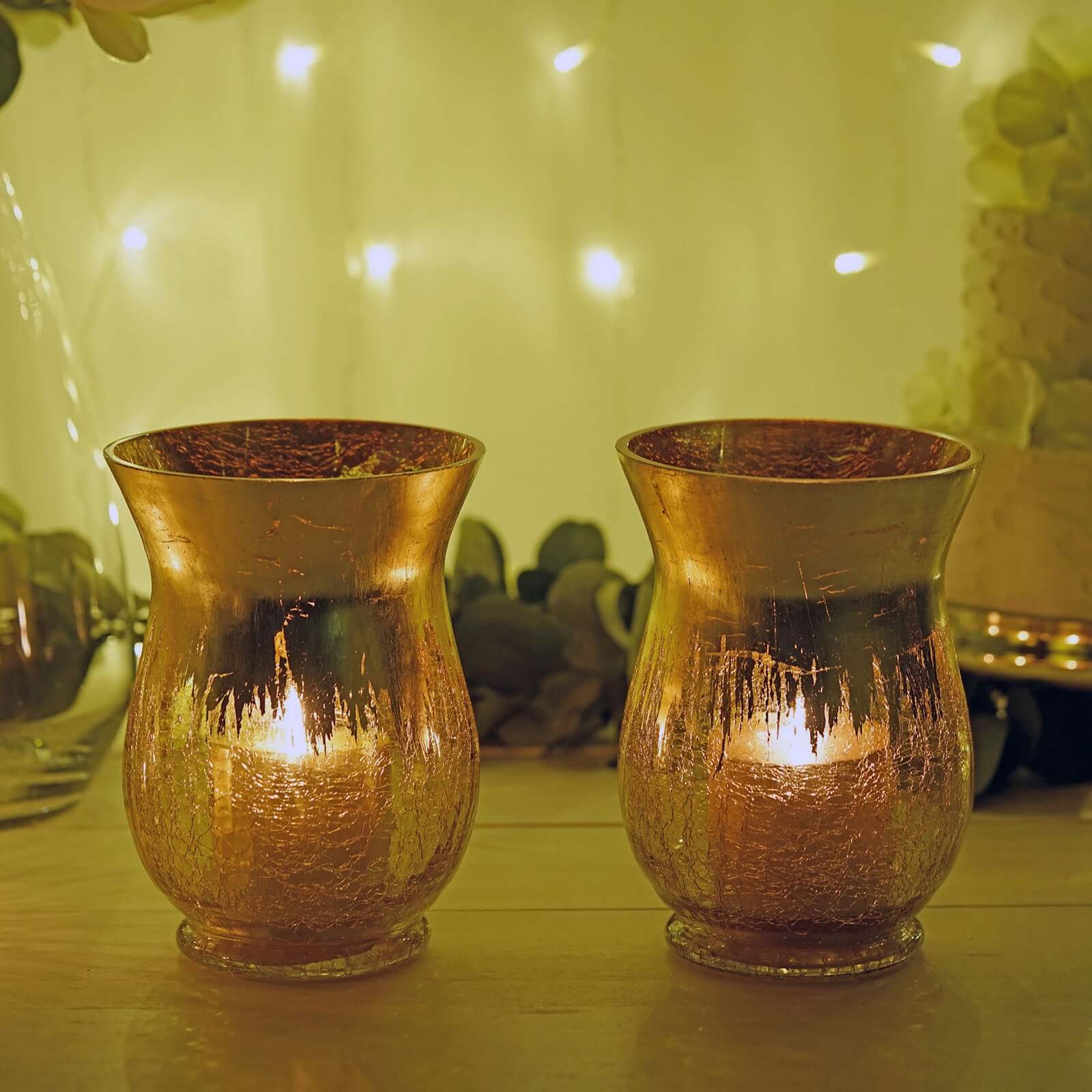2-Pack Glass Hurricane Vases Bell Shaped Crackle Gold Curvy Design - Stylish Candle Holder Centerpieces 8"