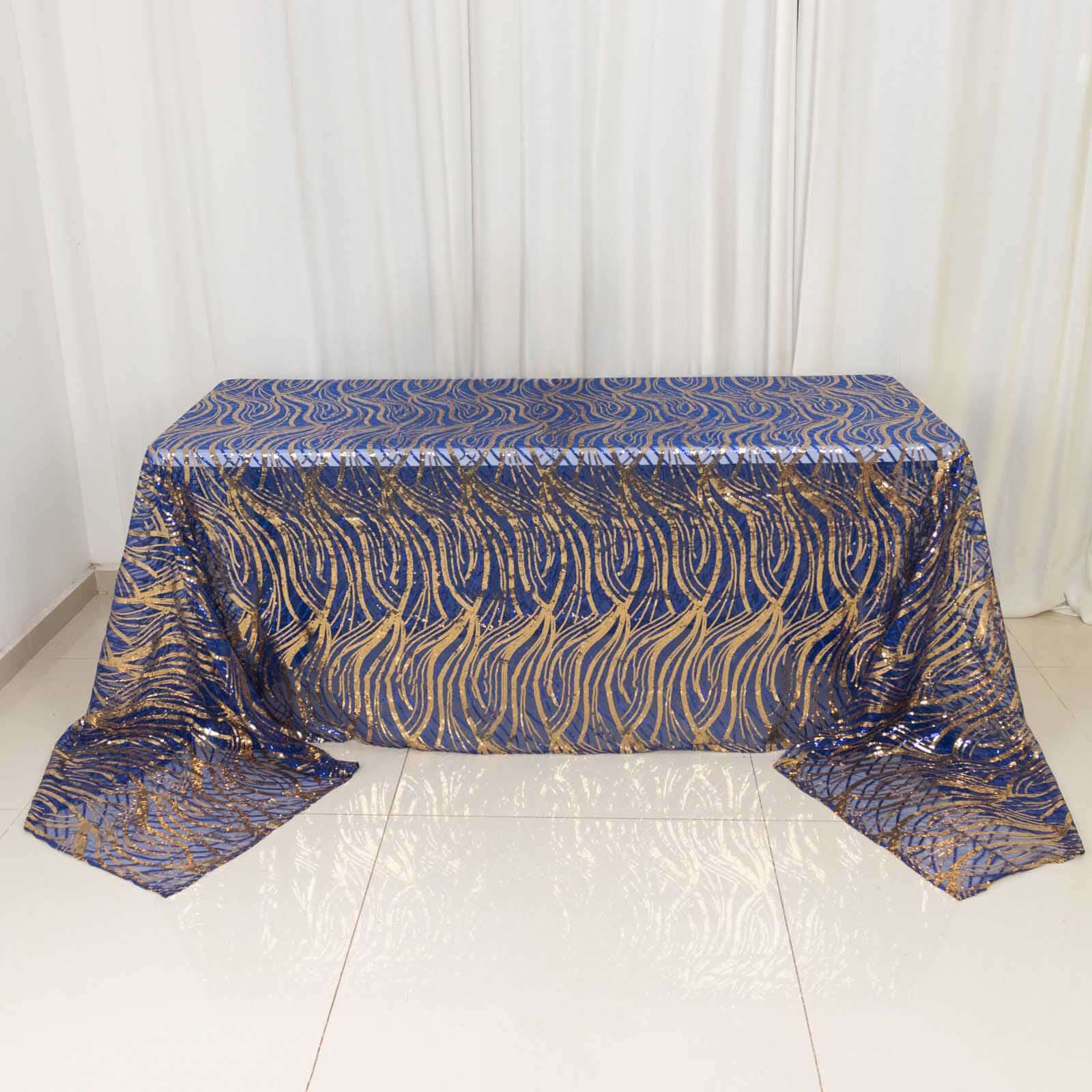 Mesh 90"x156" Rectangle Tablecloth Royal Blue/Gold - Wave Sequin Embroidered Table Cover