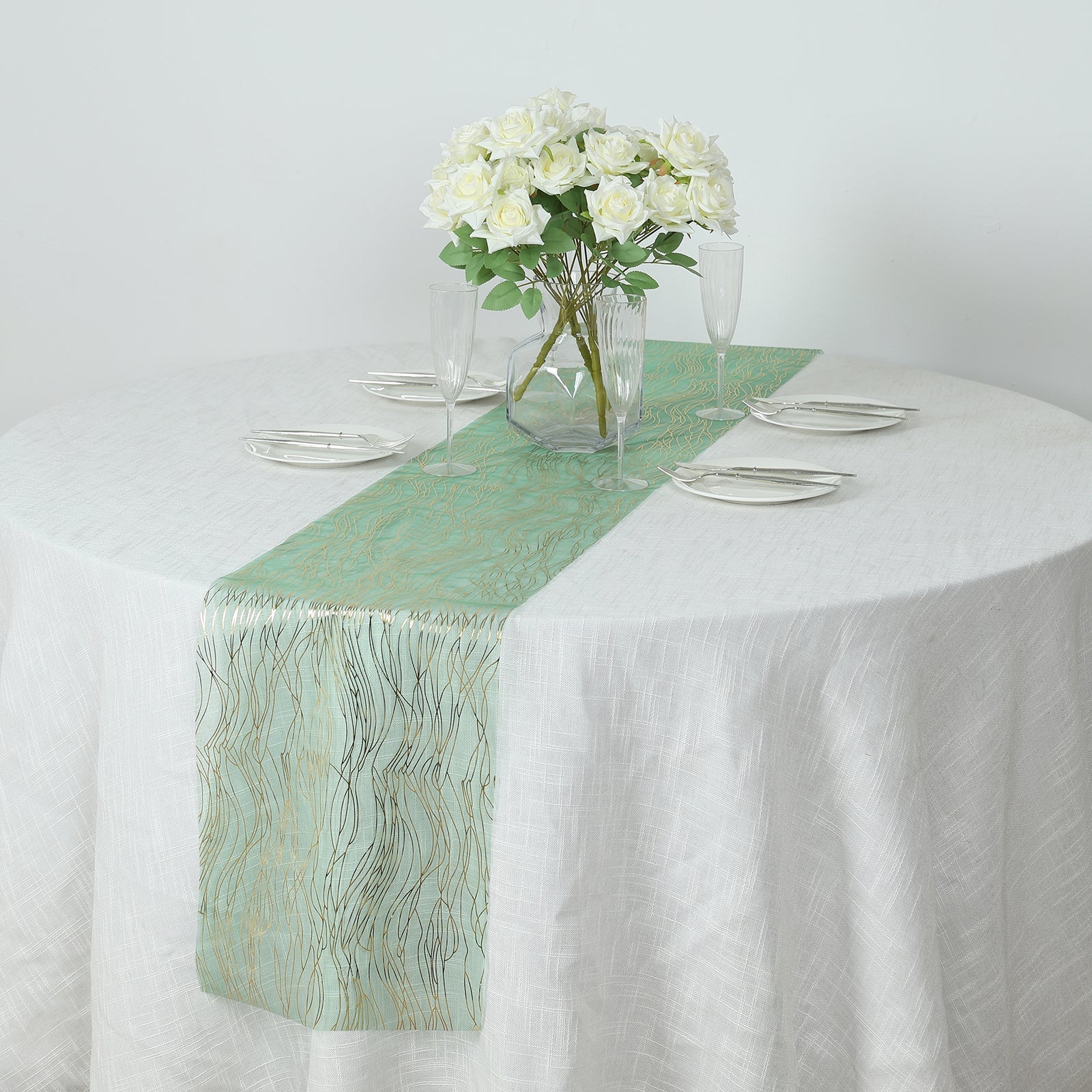 5 Pack Organza 12"x108" Table Runners Hunter Emerald Green - Gold Wave Design