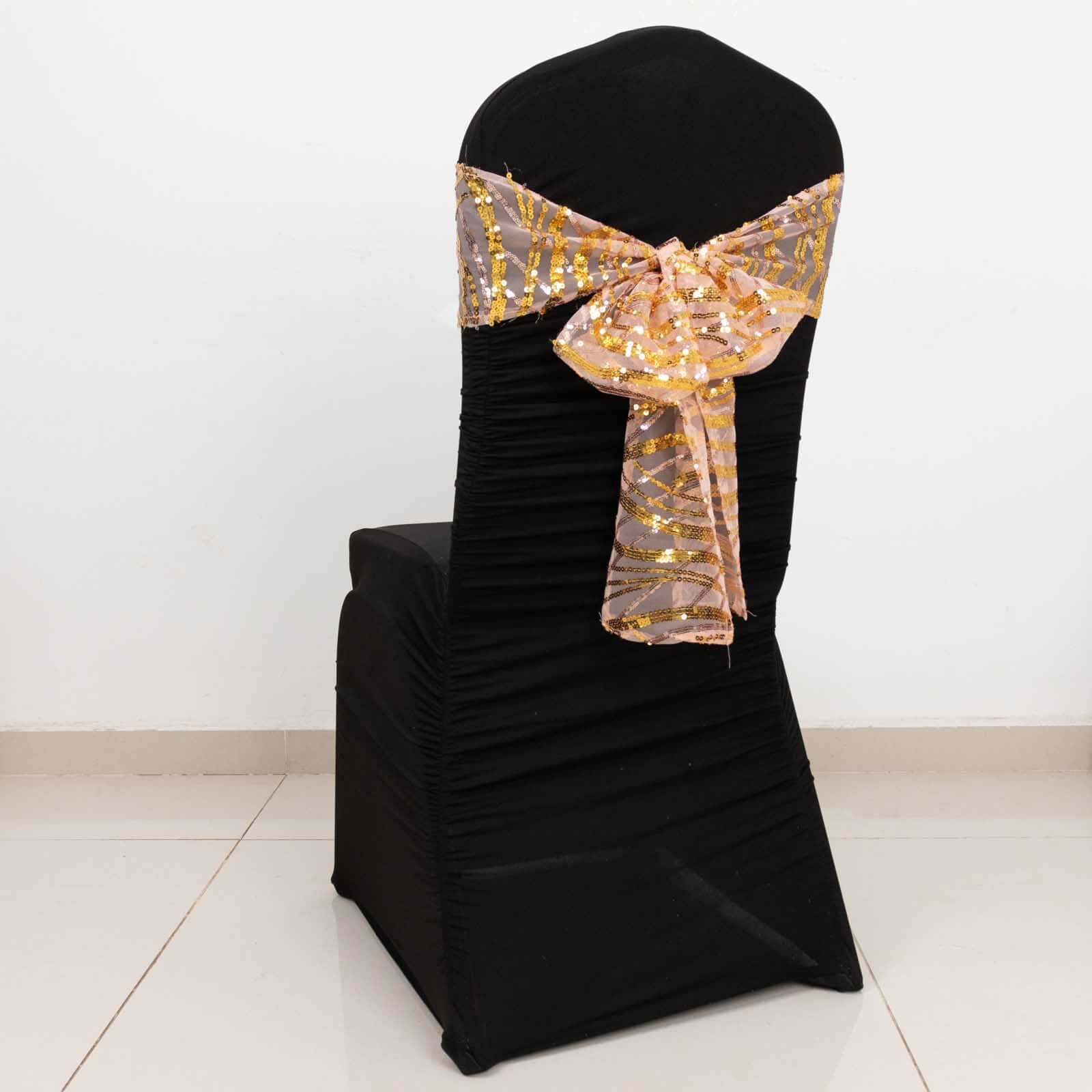 5 Pack Chair Sashes with Wave Embroidered Sequins Rose Gold/Gold 6"x88"