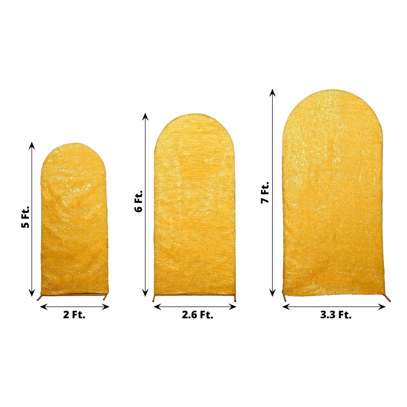 Set of 3 Gold Metallic Fringe Chiara Wedding Arch Covers, Fitted Covers For Round Top Backdrop Stands - 5ft, 6ft, 7ft