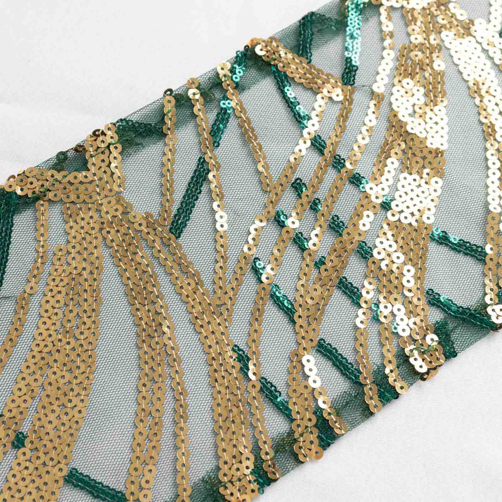 5 Pack Chair Sashes with Wave Embroidered Sequins Hunter Emerald Green/Gold 6"x88"