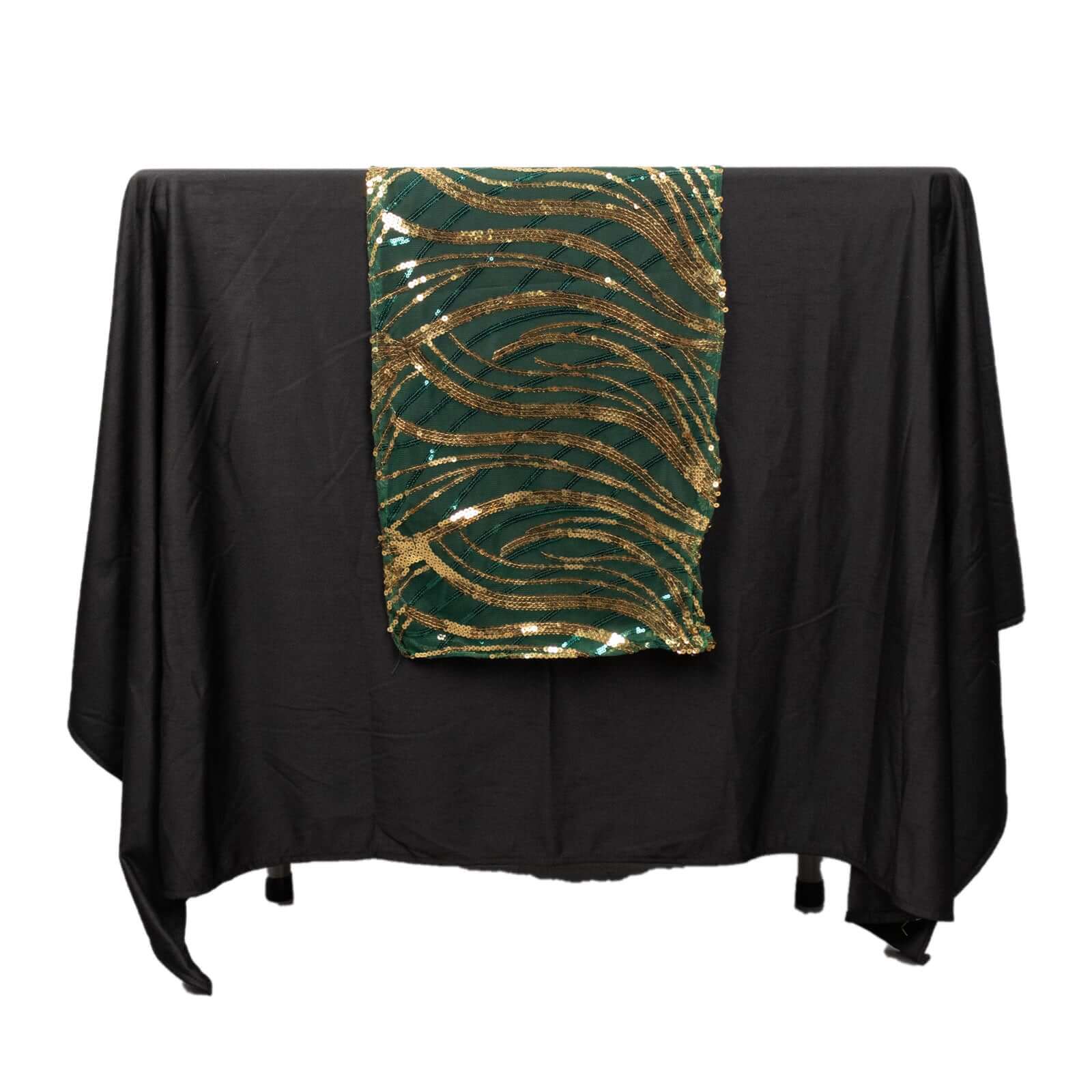 Sequin Mesh 12"x108" Table Runner Hunter Emerald Green/Gold Stylish Wave Embroidery