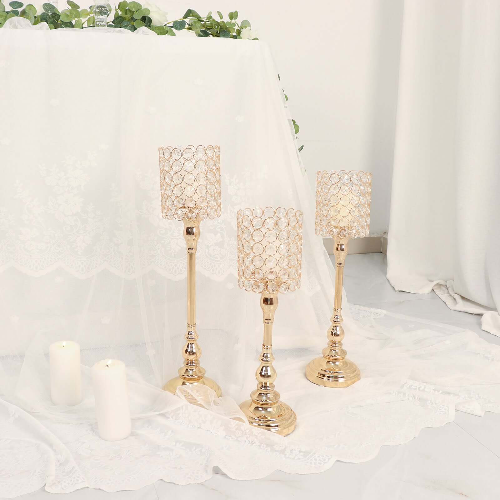 Set of 3 Crystal Beaded Goblet Votive Candle Holder Stands Gold - Tea Light Centerpiece 18", 16", 14"