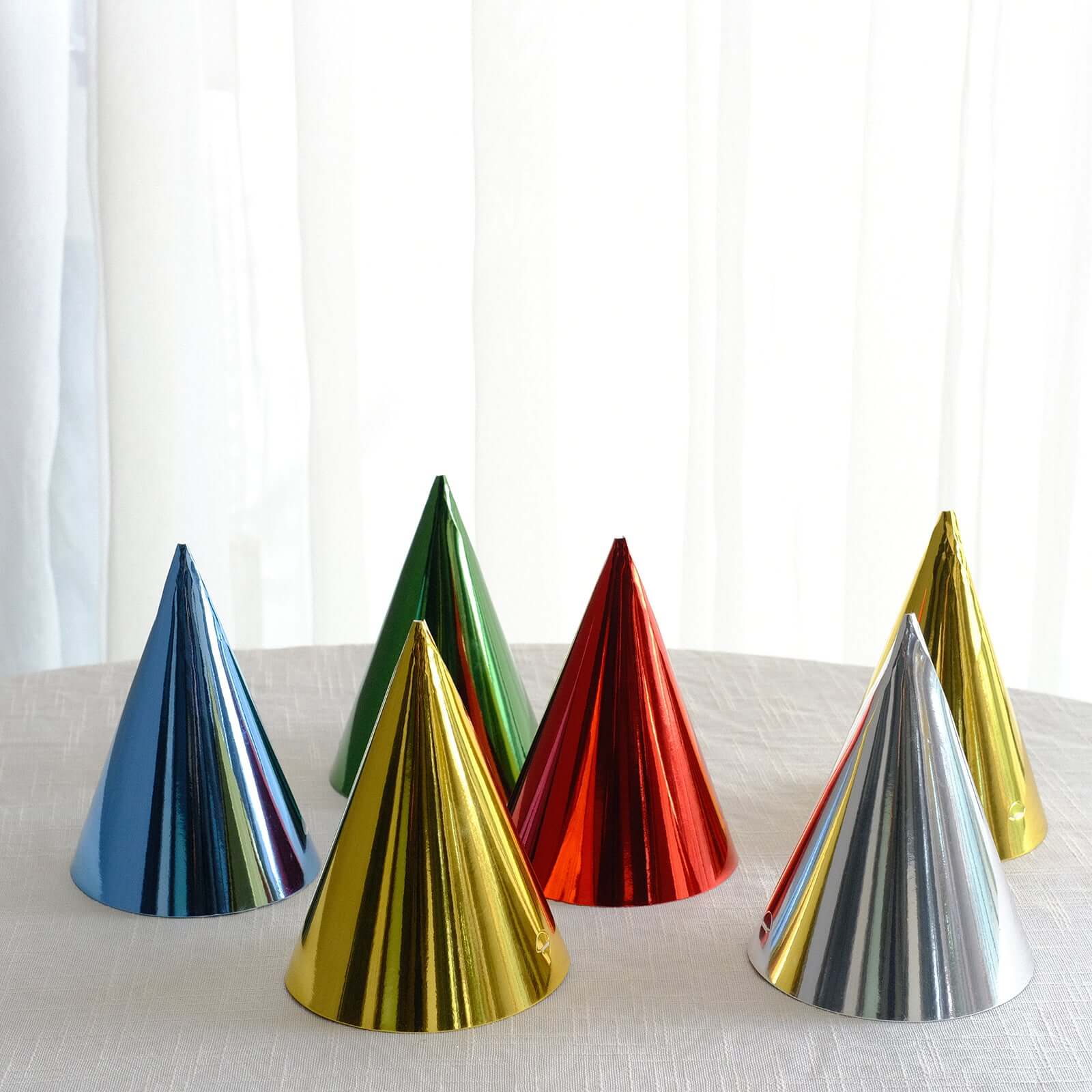 25 Pack Mixed Metallic Foil Cone Party Hats, Pre-Strung Paper Birthday Hats - 5"x7"