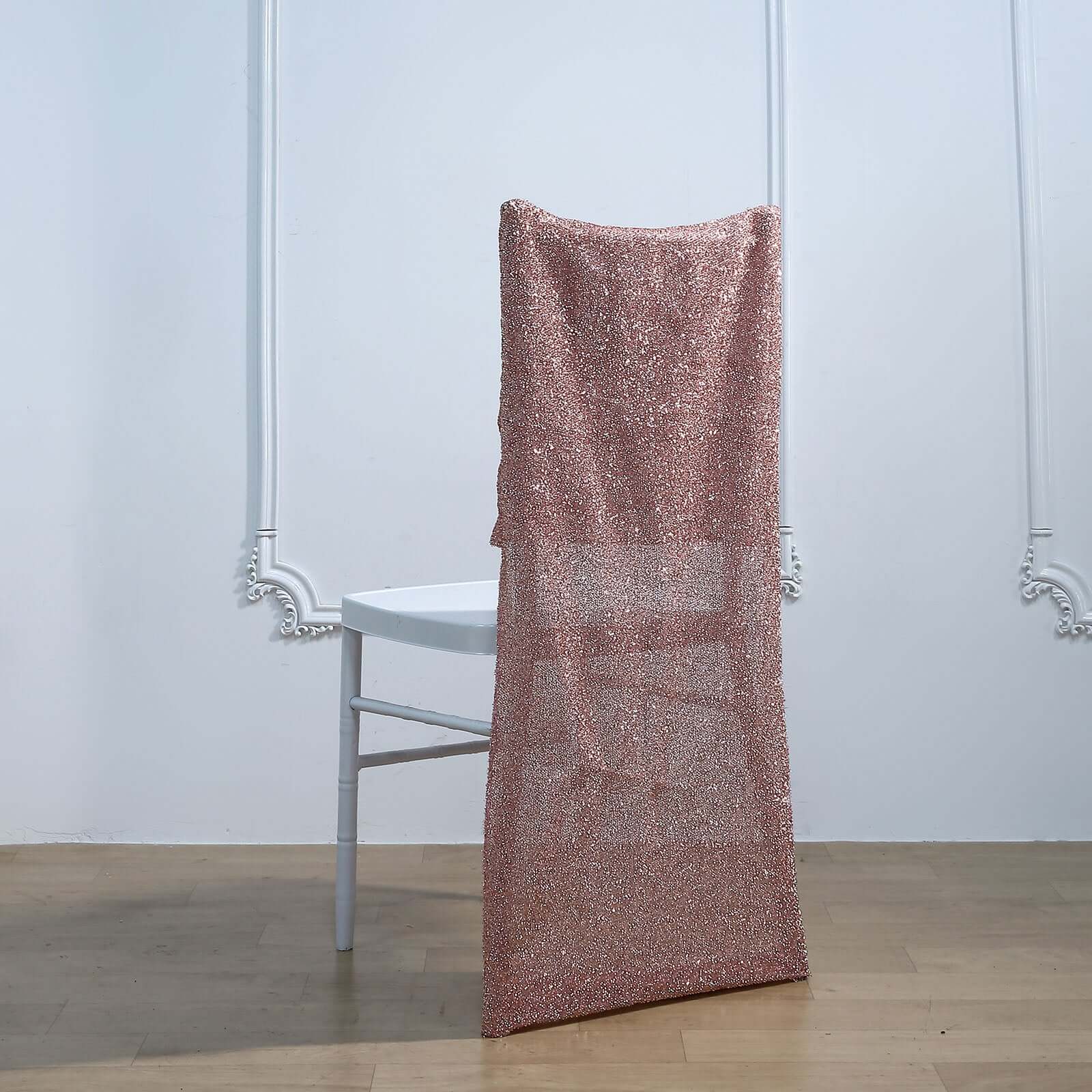 Stretch Spandex Chair Back Slipcover with Metallic Shimmer Tinsel Rose Gold - Durable Chiavari Chair Back Cover