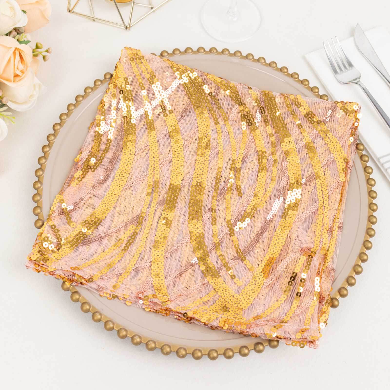 Sequin Mesh 20"x20" Napkin Rose Gold - Wave Embroidered Reusable Napkin