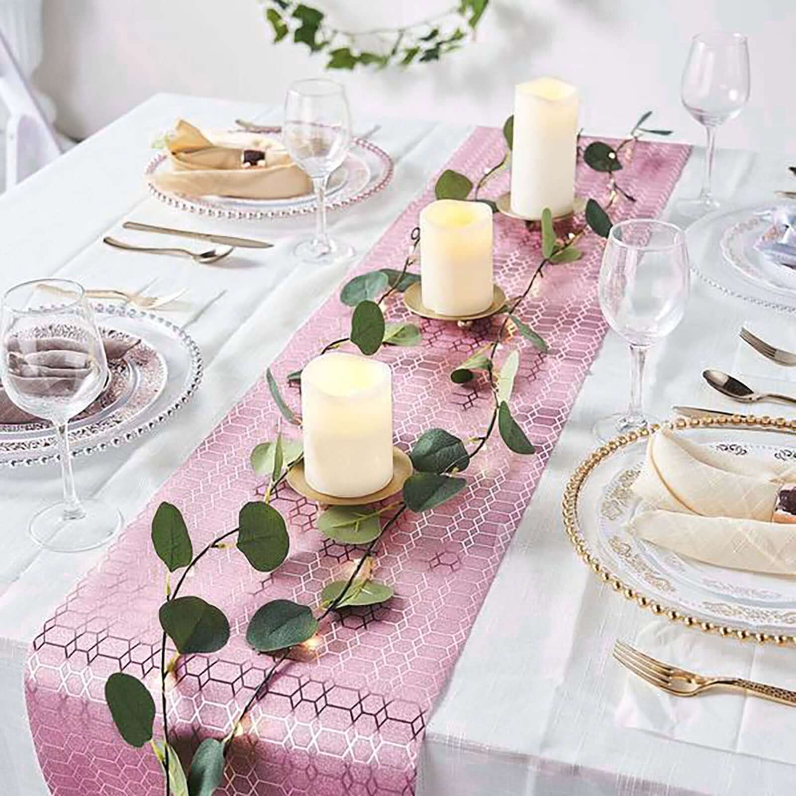 Glitter Paper 9ft Table Runner Roll Rose Gold Disposable Geometric Honeycomb Pattern - Stylish Table Decor