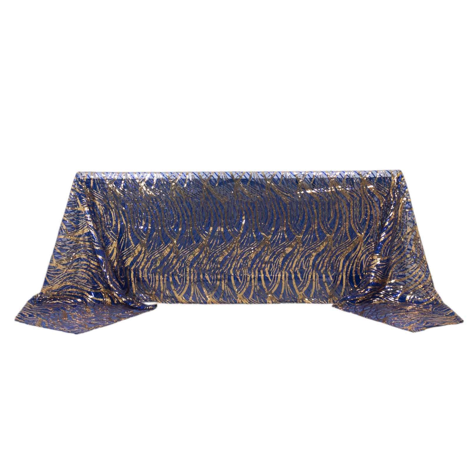 Mesh 90"x156" Rectangle Tablecloth Royal Blue/Gold - Wave Sequin Embroidered Table Cover