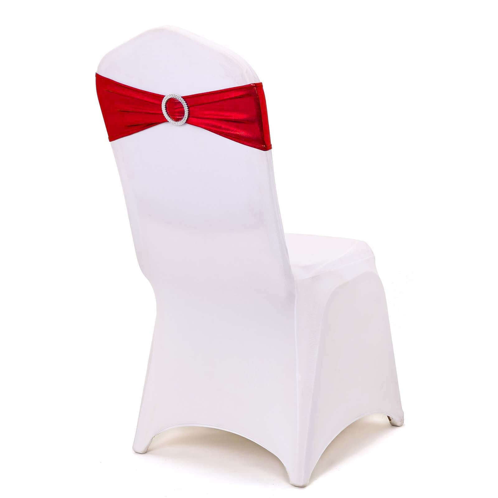 5 Pack Metallic Spandex Chair Sashes Red - Stretch Fit Chair Bands With Round Diamond Buckles