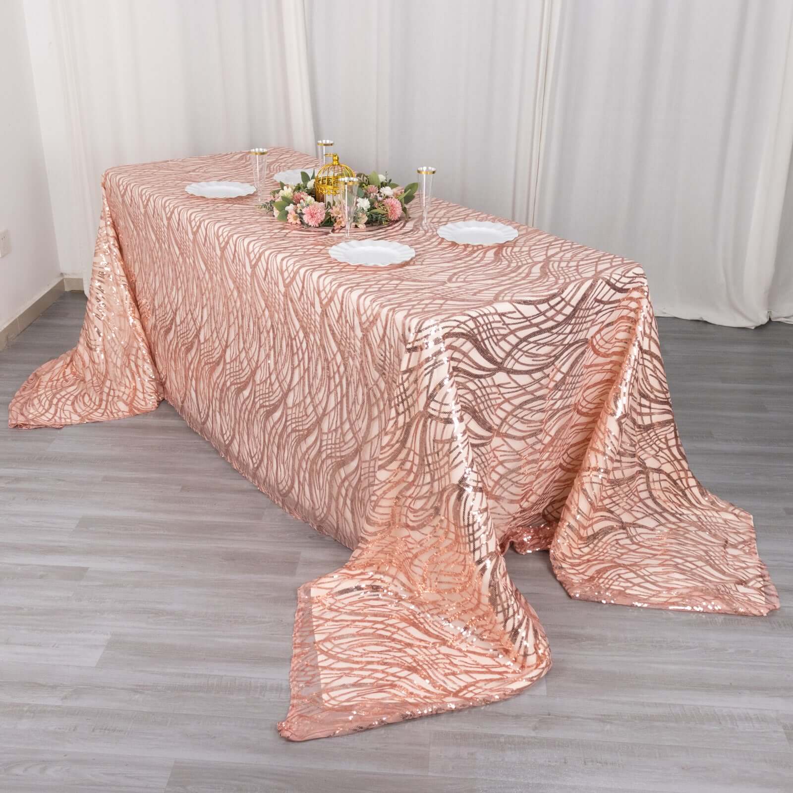 Mesh 90"x156" Rectangle Tablecloth Rose Gold - Wave Sequin Embroidered Table Cover