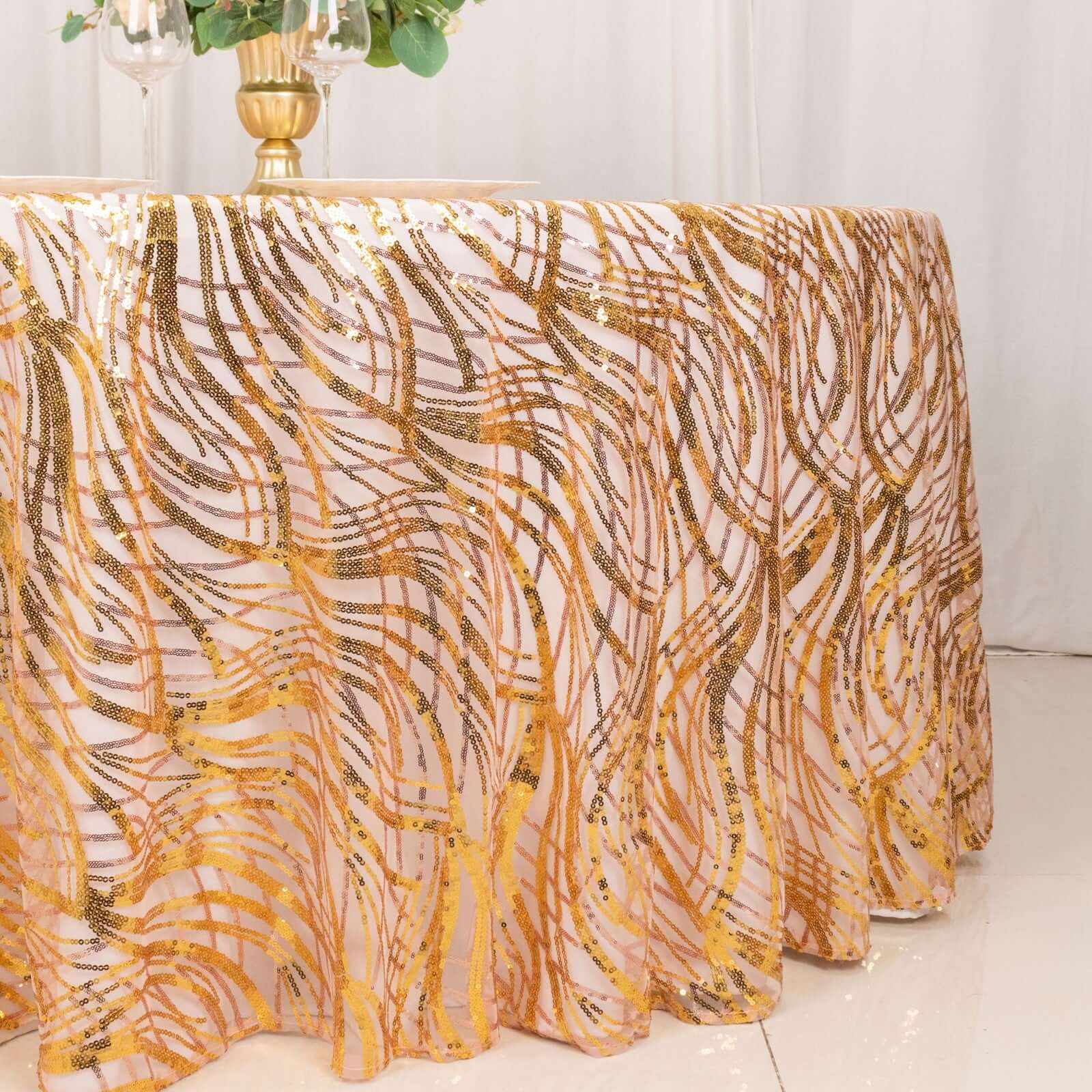 Sequin Mesh 120" Round Tablecloth Rose Gold/Gold - Seamless Wave Embroidered Table Cover
