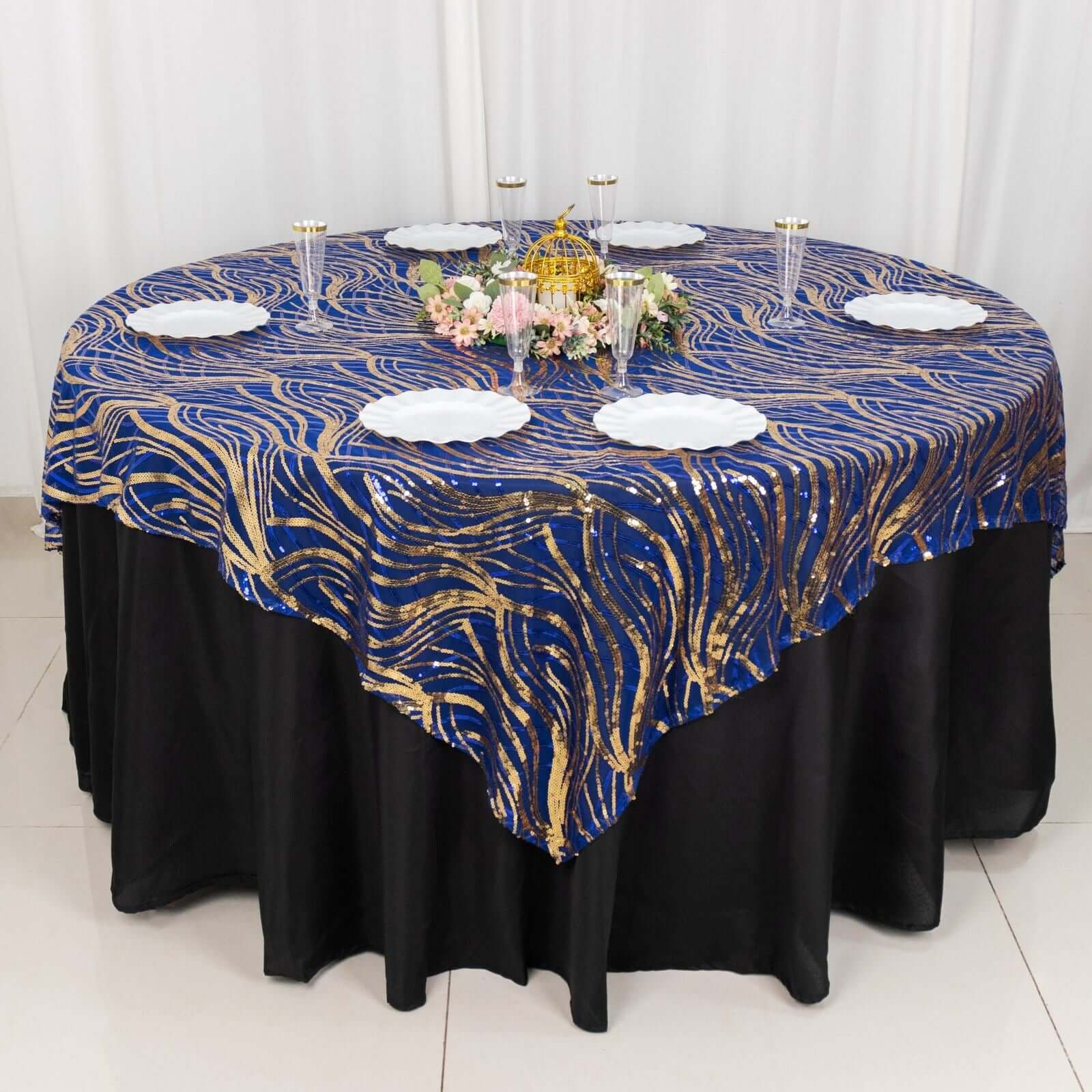 Mesh 72"x72" Table Overlay Square Tablecloth Royal Blue - Wave Embroidered Sequins Table Topper