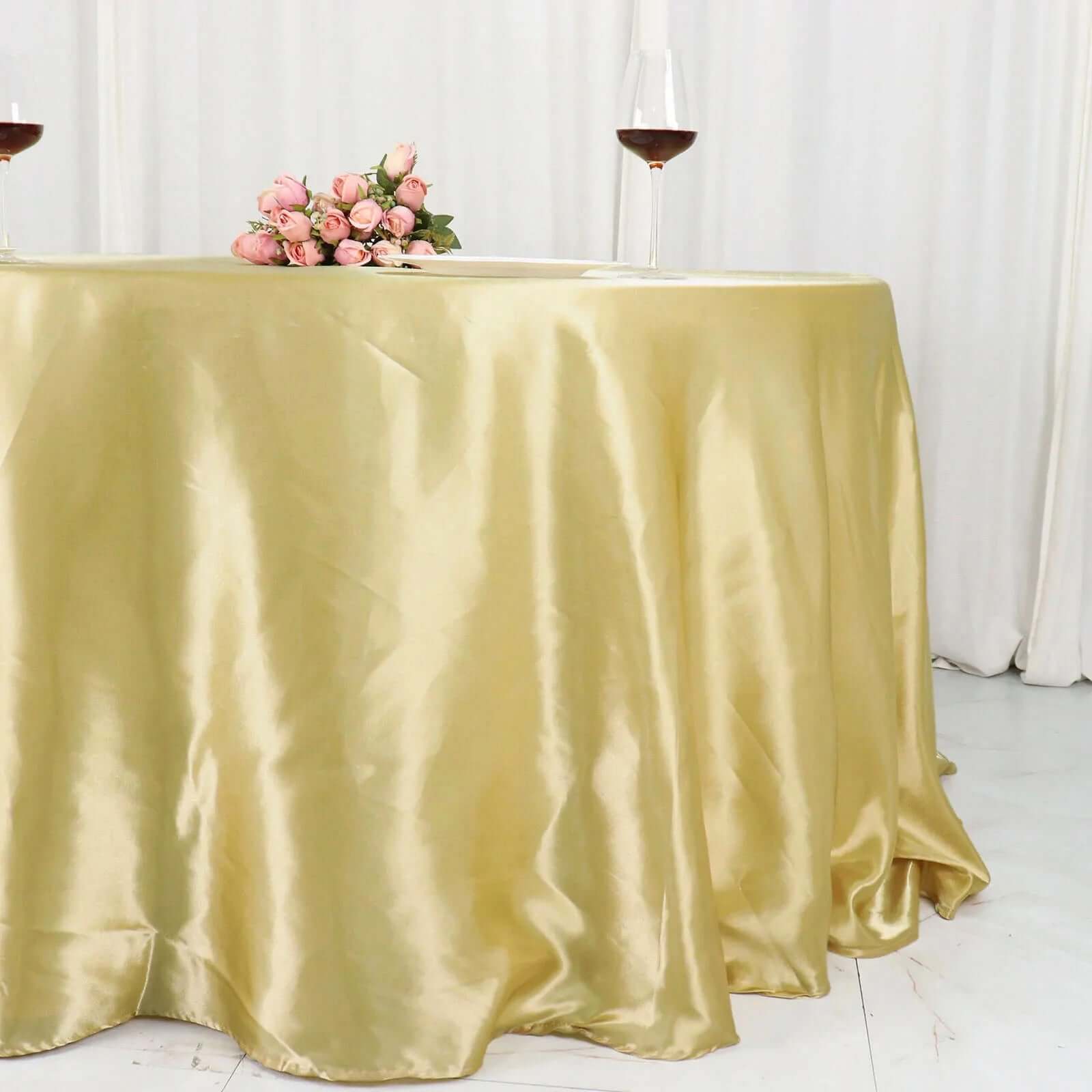 Satin 132" Round Tablecloth Champagne - Stylish Seamless Table Cover