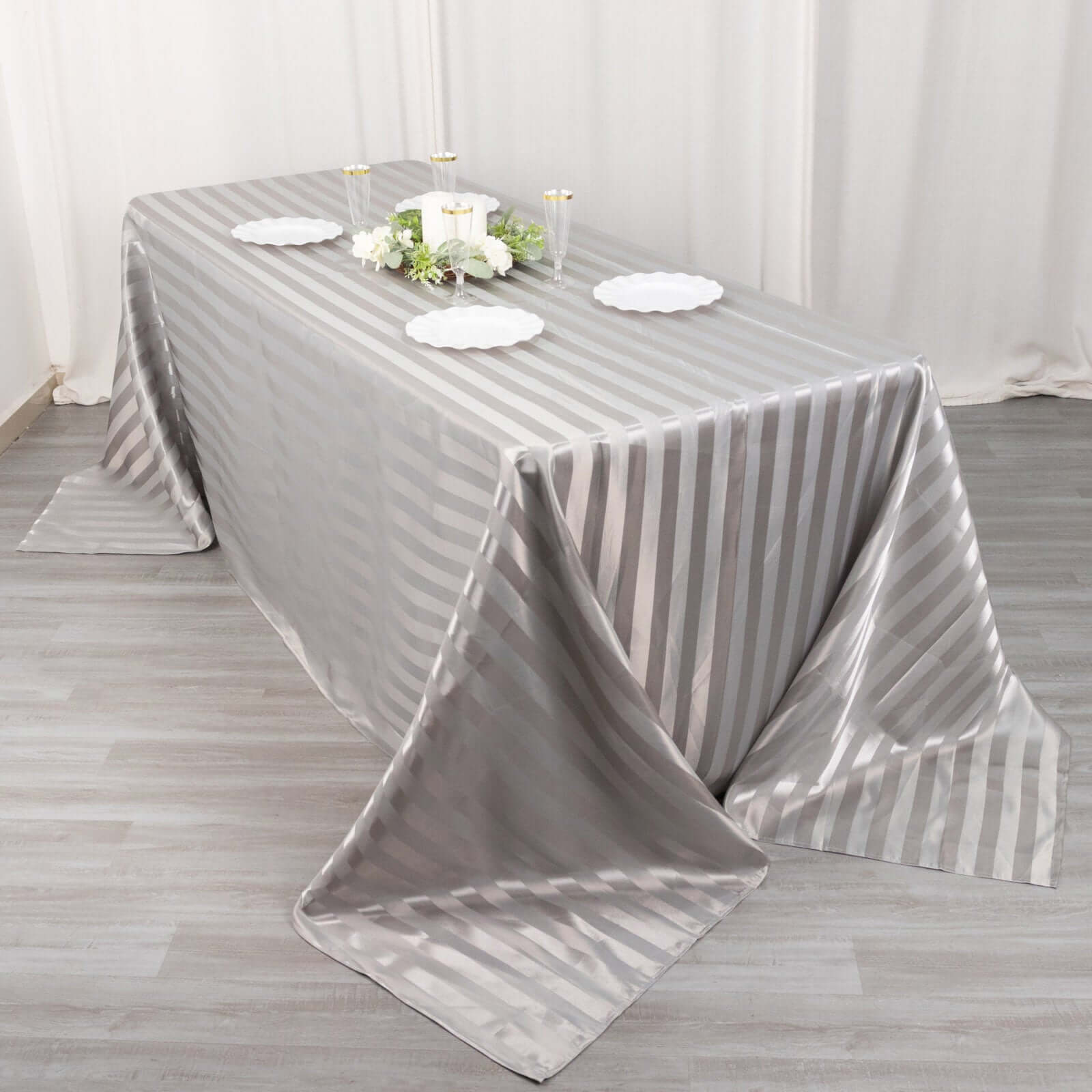 Satin Striped 90"x132" Rectangular Tablecloth Silver - Seamless Silky Smooth Table Cover