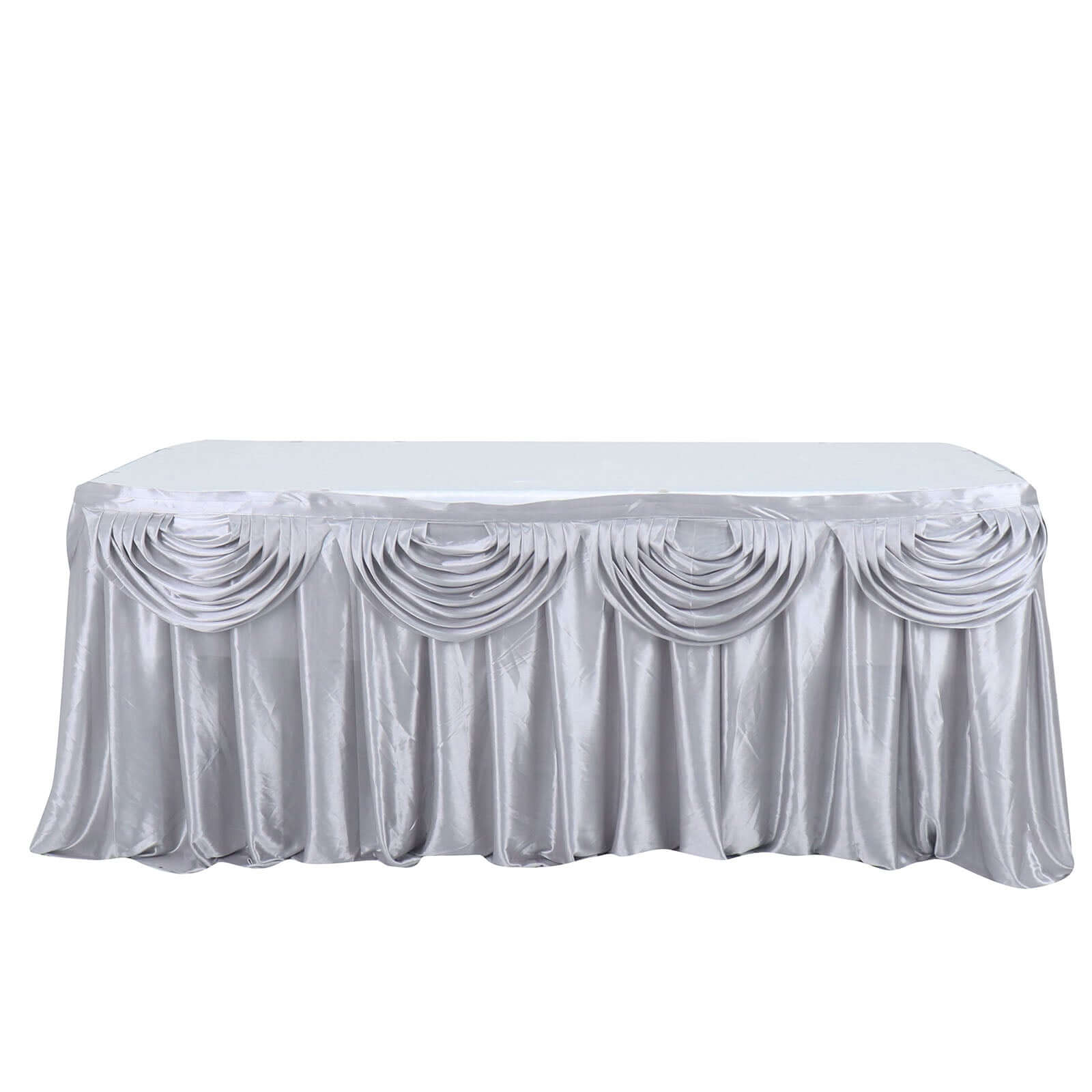 Satin 14ft Table Skirt Silver - Pleated Double Drape Table Cover
