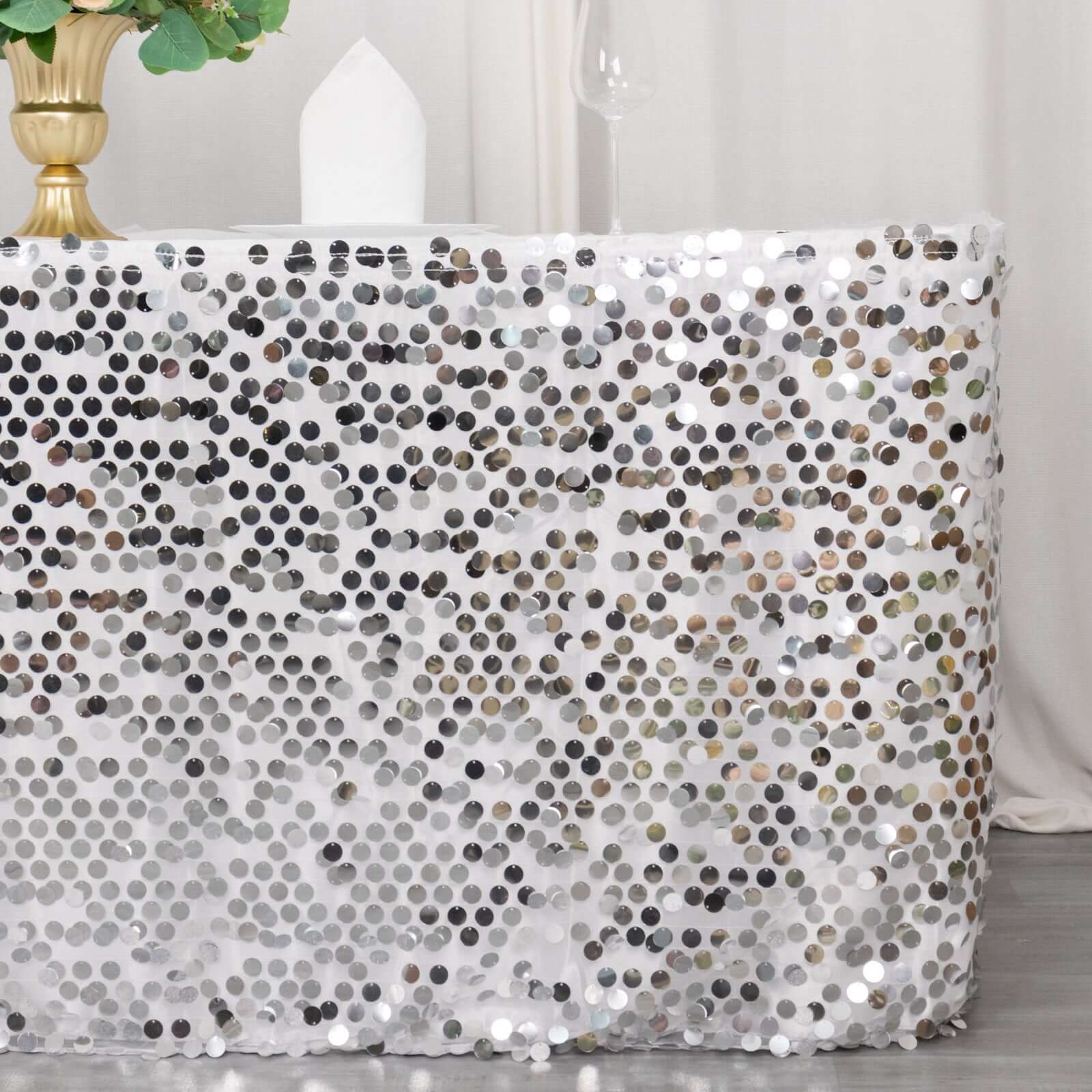 Payette Sequin 21ft Table Skirt Silver - Dual Layered Satin Table Cover