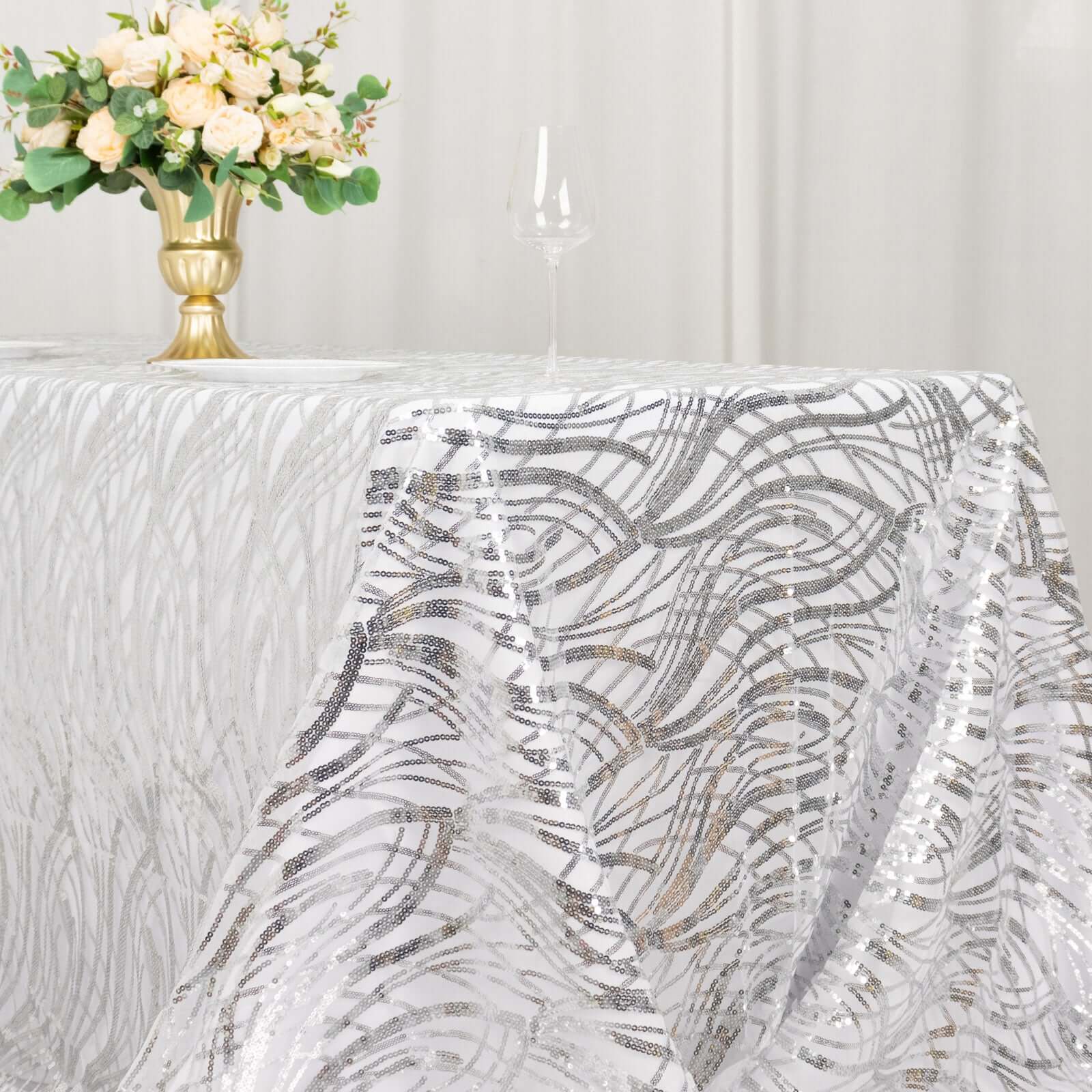 Mesh 90"x156" Rectangle Tablecloth Silver - Wave Sequin Embroidered Table Cover