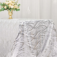 Mesh 90"x156" Rectangle Tablecloth Silver - Wave Sequin Embroidered Table Cover
