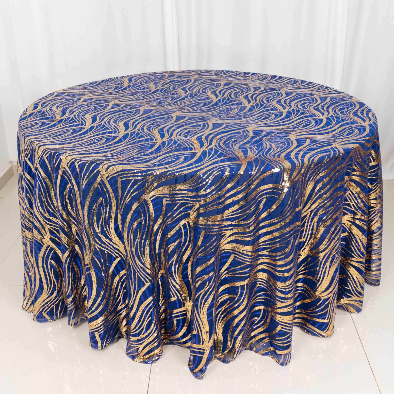 Sequin Mesh 120" Round Tablecloth Royal Blue/Gold - Seamless Wave Embroidered Table Cover