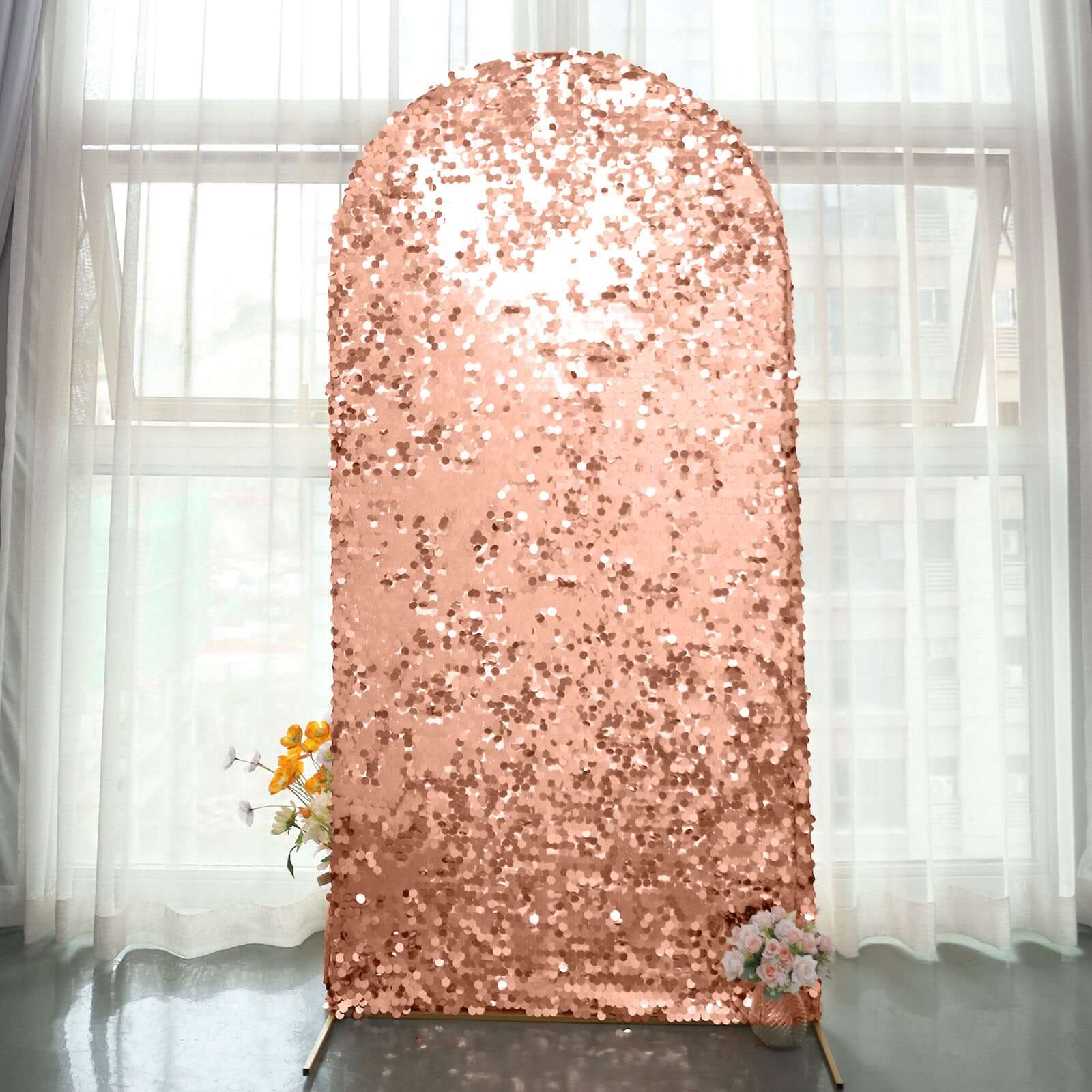 7ft Sparkly Rose Gold Double Sided Big Payette Sequin Chiara Backdrop Stand Cover For Fitted Round Top Wedding Arch