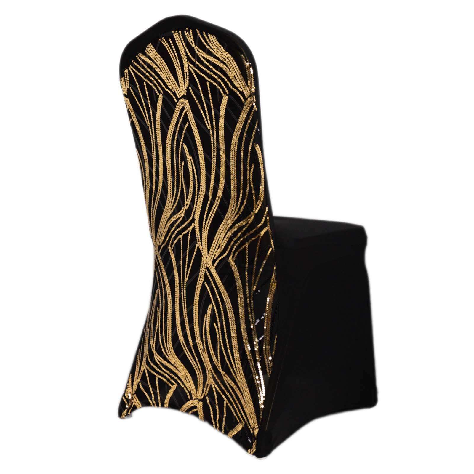 Spandex Chair Cover with Wave Embroidered Sequins for Banquet Chairs Black/Gold - Glittering Stretch Fitted Slipcover