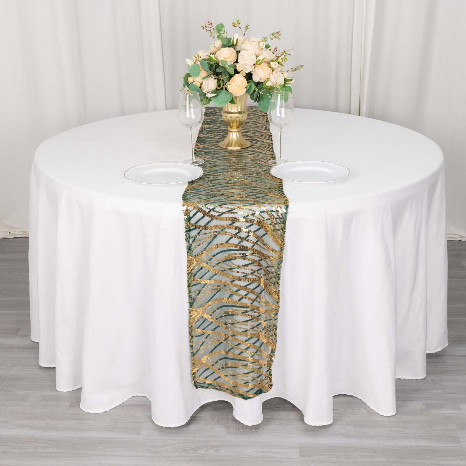 Sequin Mesh 12"x108" Table Runner Hunter Emerald Green/Gold Stylish Wave Embroidery