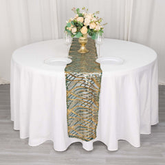 Sequin Mesh 12"x108" Table Runner Hunter Emerald Green/Gold Stylish Wave Embroidery