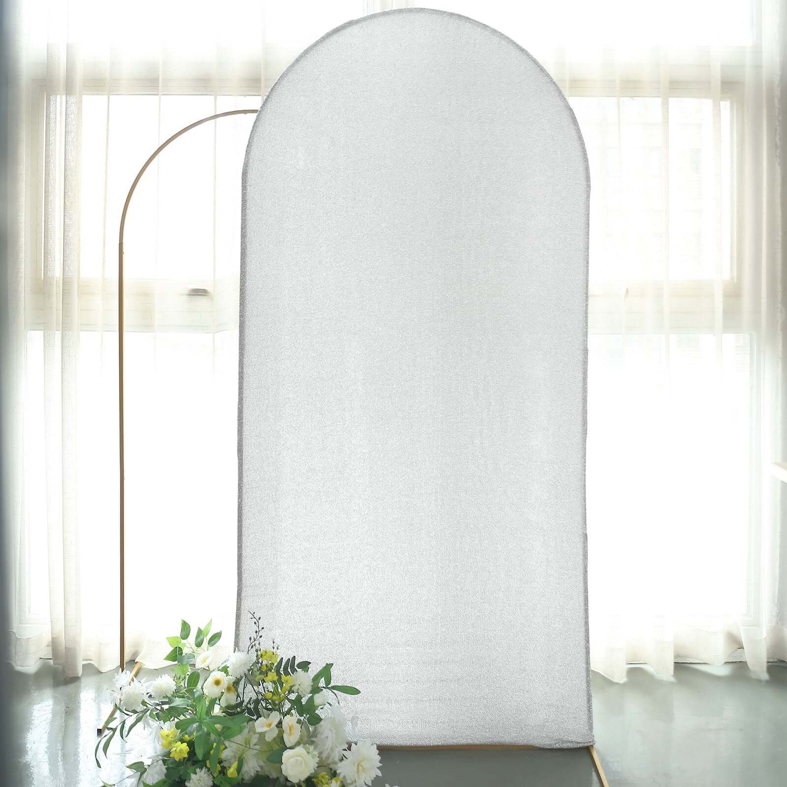 7ft Silver Shimmer Tinsel Spandex Chiara Backdrop Stand Cover For Fitted Round Top Wedding Arch