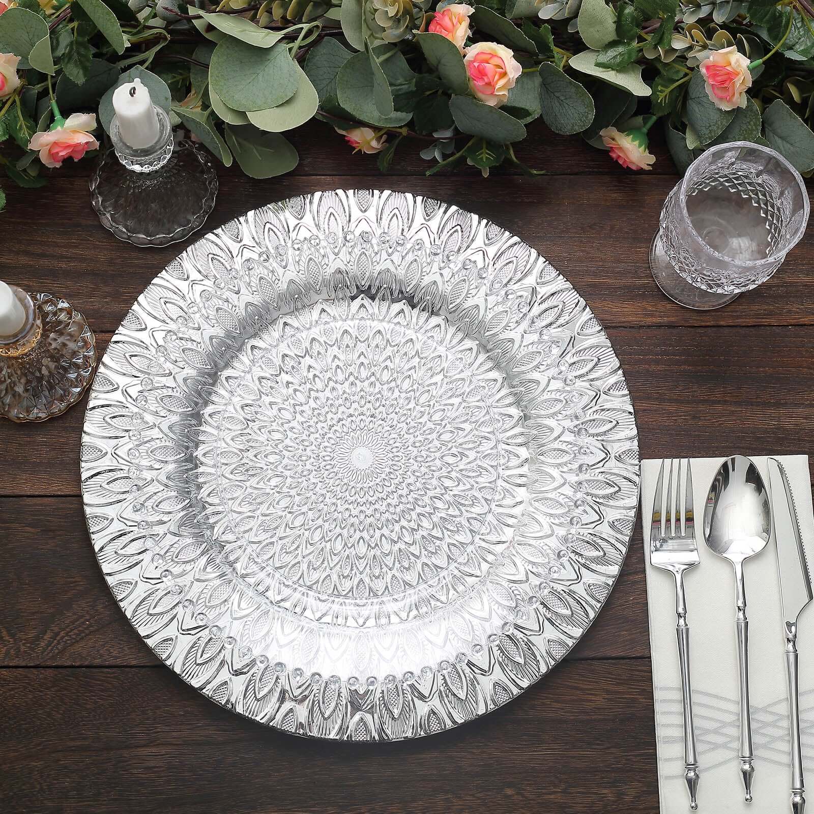 6-Pack Plastic Round Charger Plates 13" in Silver with Embossed Peacock Pattern, Stylish Disposable Charger Tableware