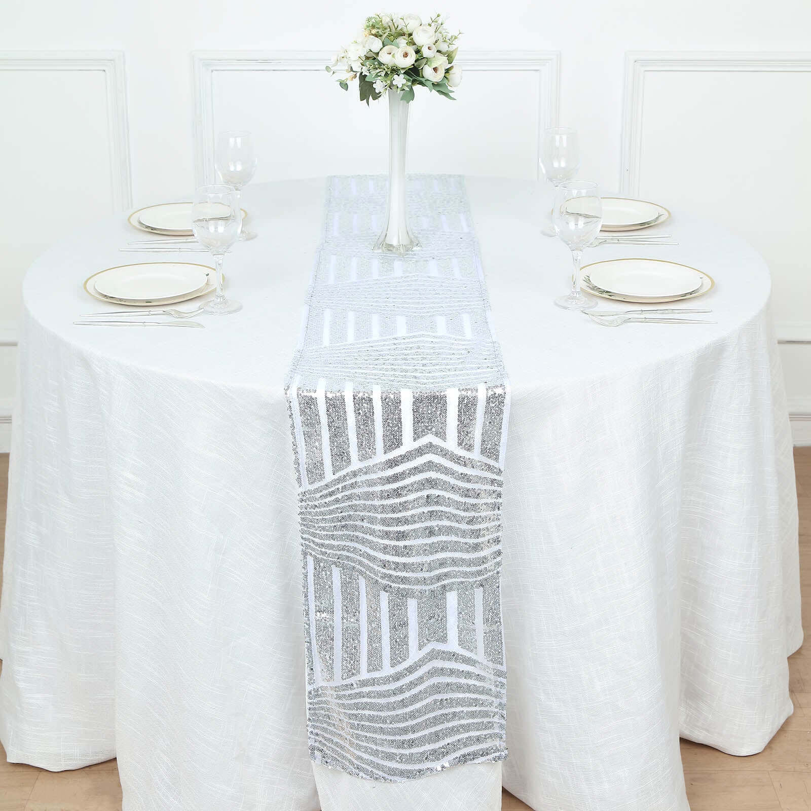 Sequin 12"x108" Table Runner Silver - Diamond Glitz Design
