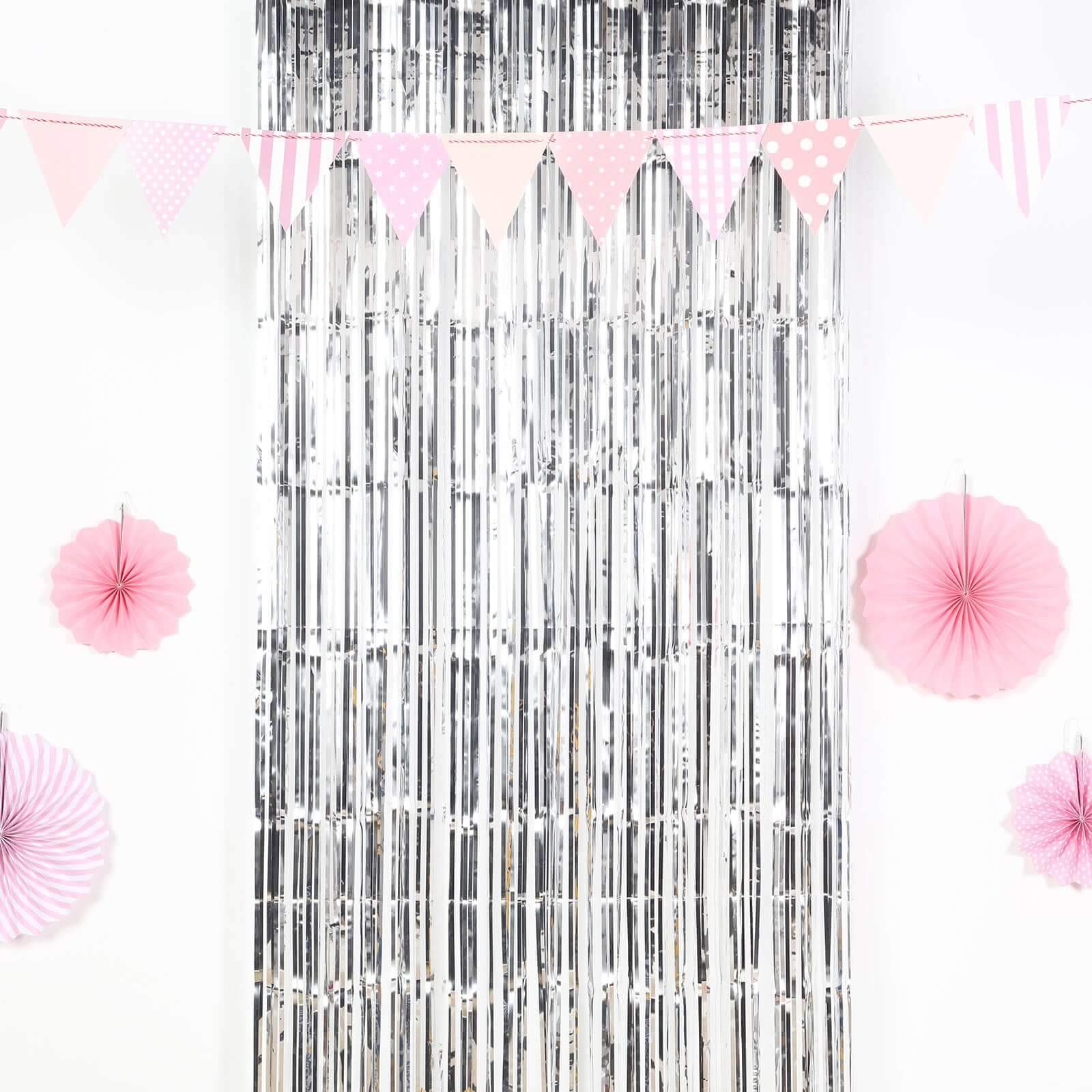 8ft Silver Metallic Tinsel Foil Fringe Doorway Curtain Party Backdrop