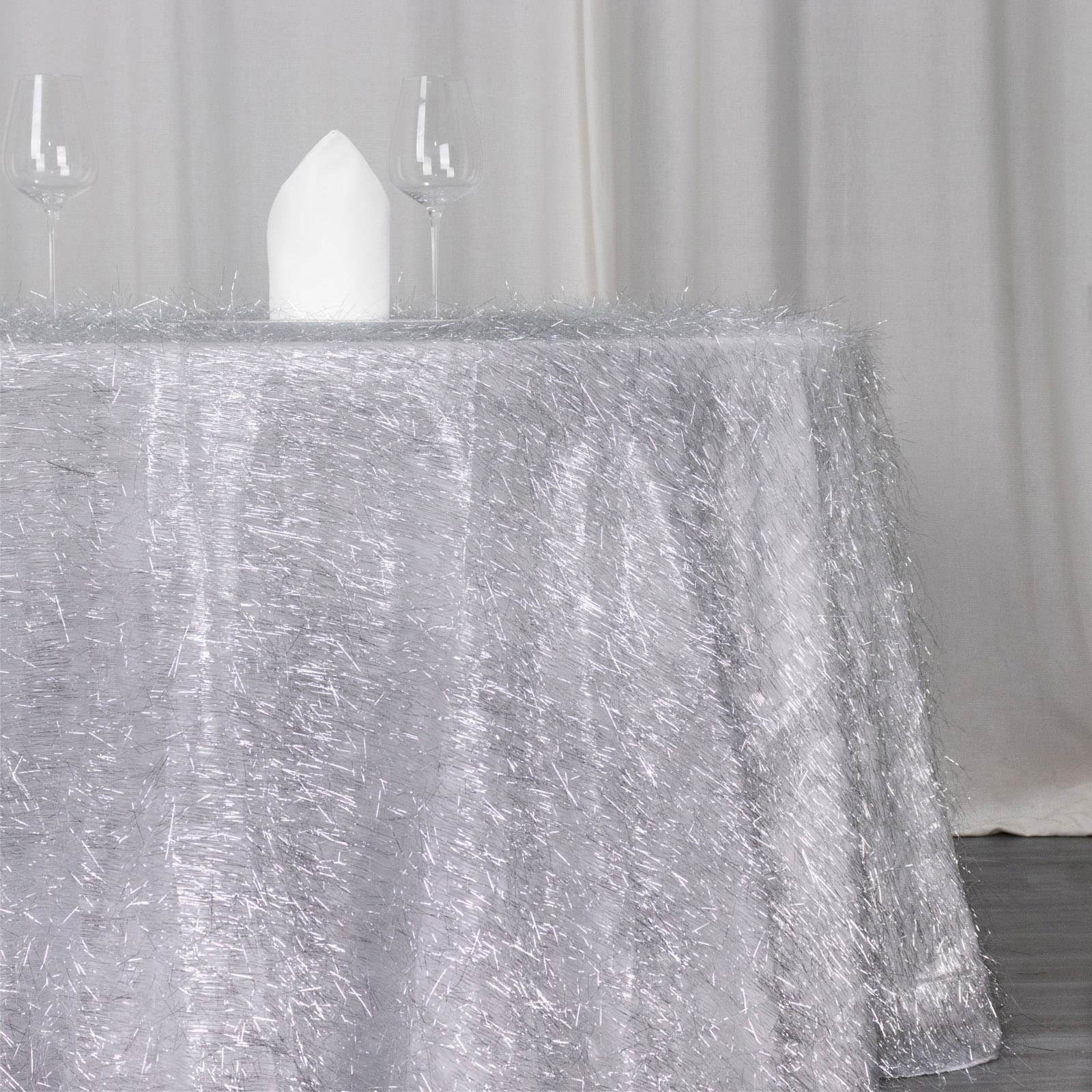 Polyester 120" Round Silver Tablecloth Metallic Fringe Shag Tinsel Table Cover
