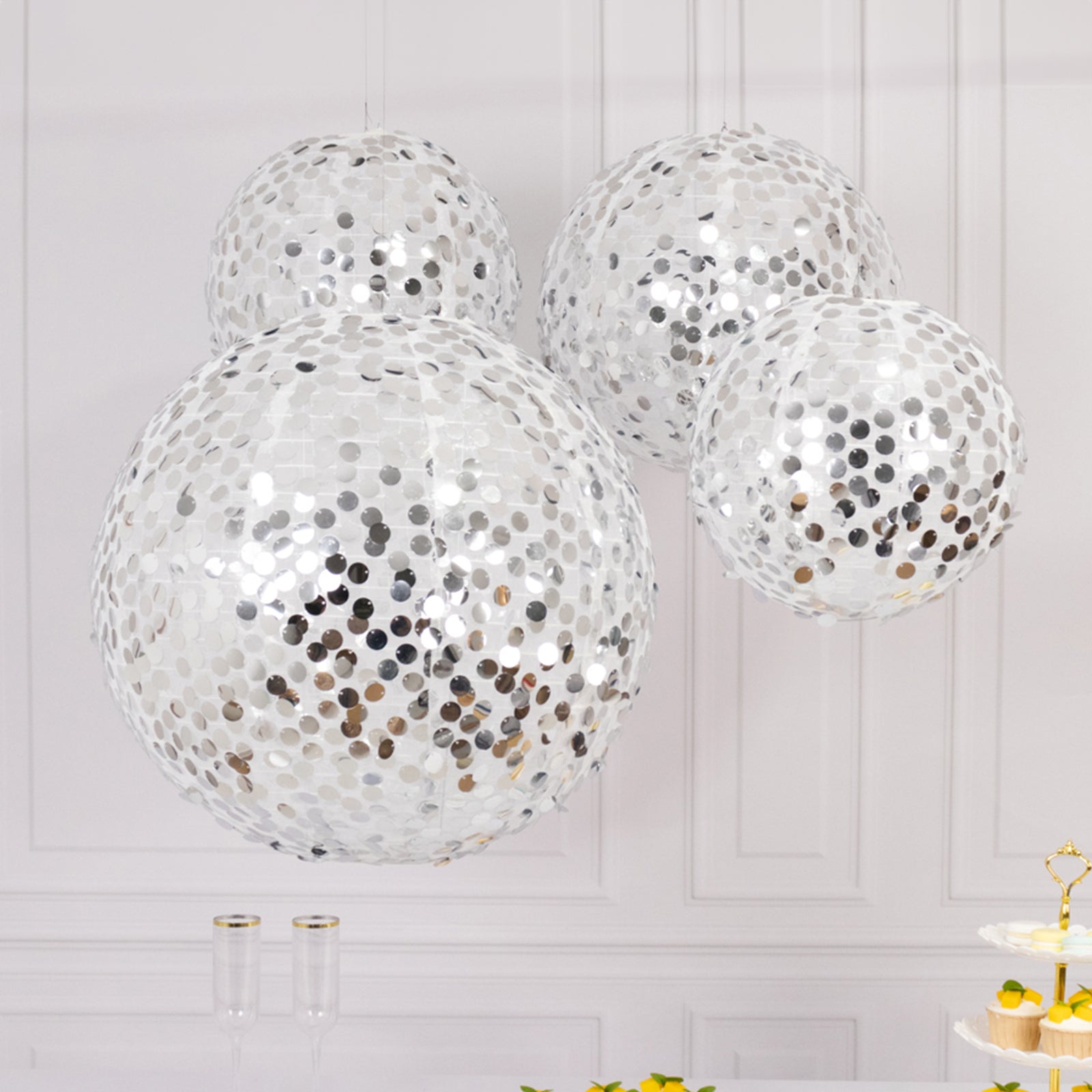 Set of 4 Glitter Silver Payette Sequin Hanging Lanterns, Large Decorative Round Foldable Fabric Chinese Lantern Lampshades - 12",14",16",20"